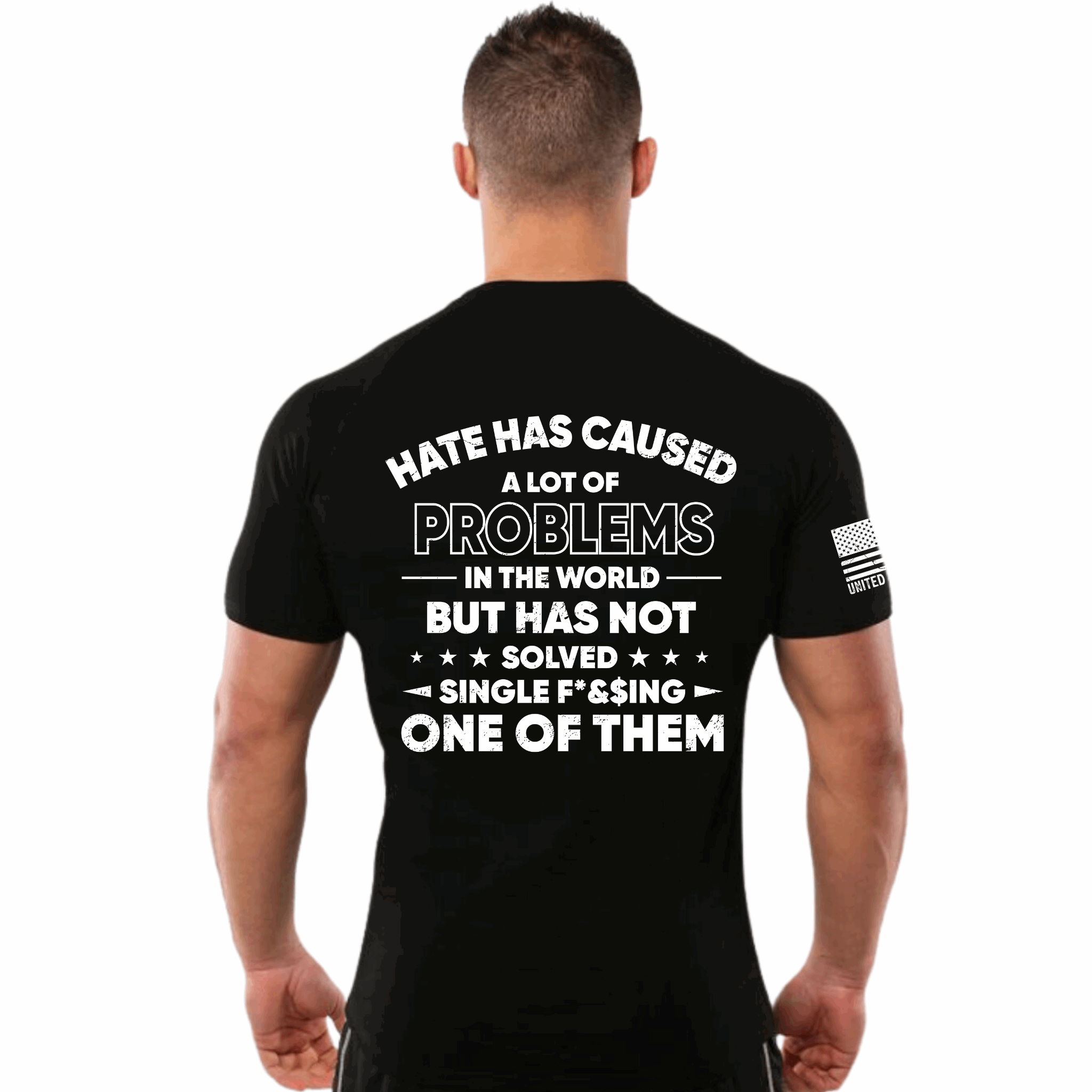 Men's cotton t-shirt featuring a powerful anti-hate slogan, showcasing a classic fit and crew neckline.