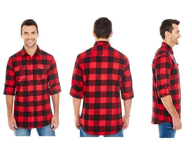 Men's Fireside Flannel shirt featuring classic buffalo plaid design in warm colors, perfect for outdoor activities and chilly evenings.