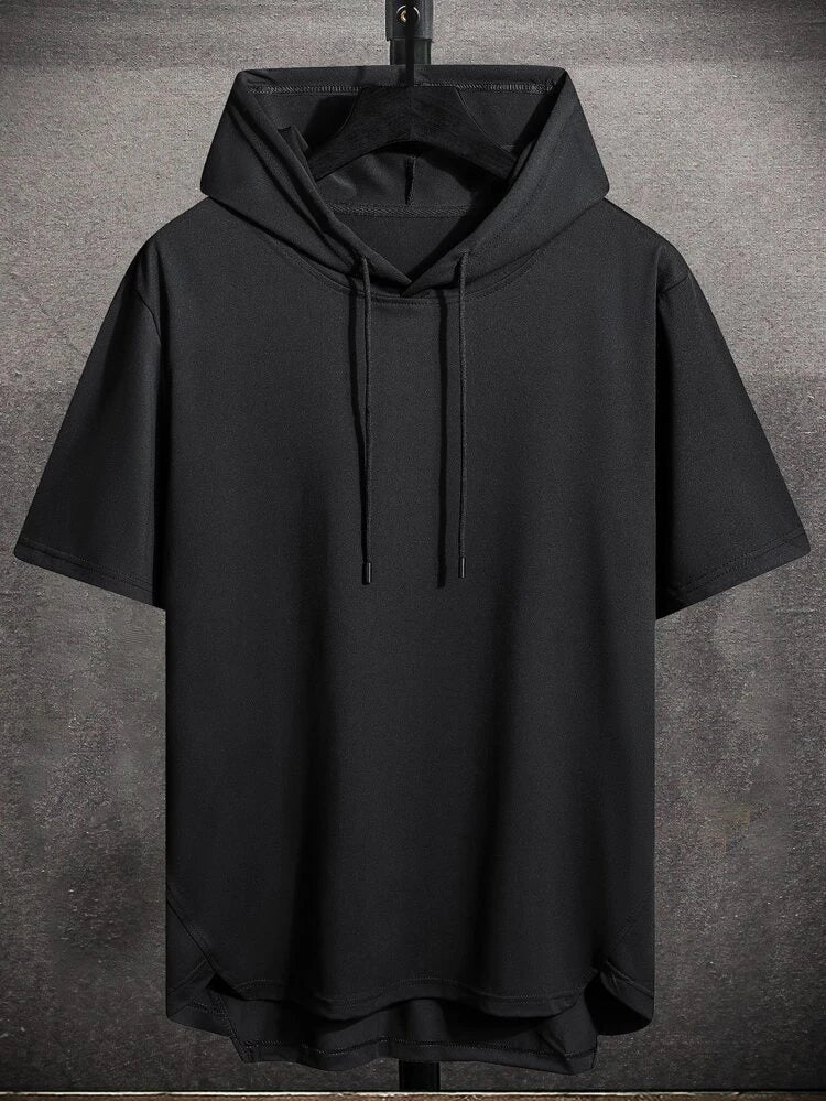 Men's Premium Cotton Dip Hem Hooded T-Shirt in Black, showcasing its stylish design and comfortable fabric.