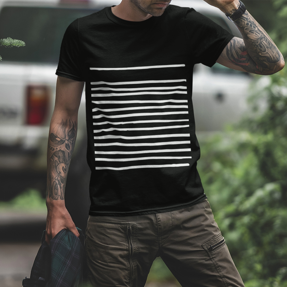 Mens T-Shirt in black featuring stylish lines, made from soft cotton for comfort and durability.