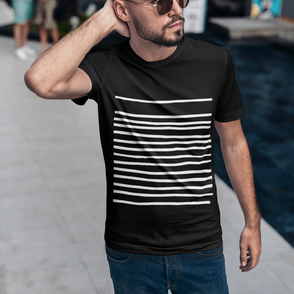 Mens T-Shirt in black featuring stylish lines, made from soft cotton for comfort and durability.