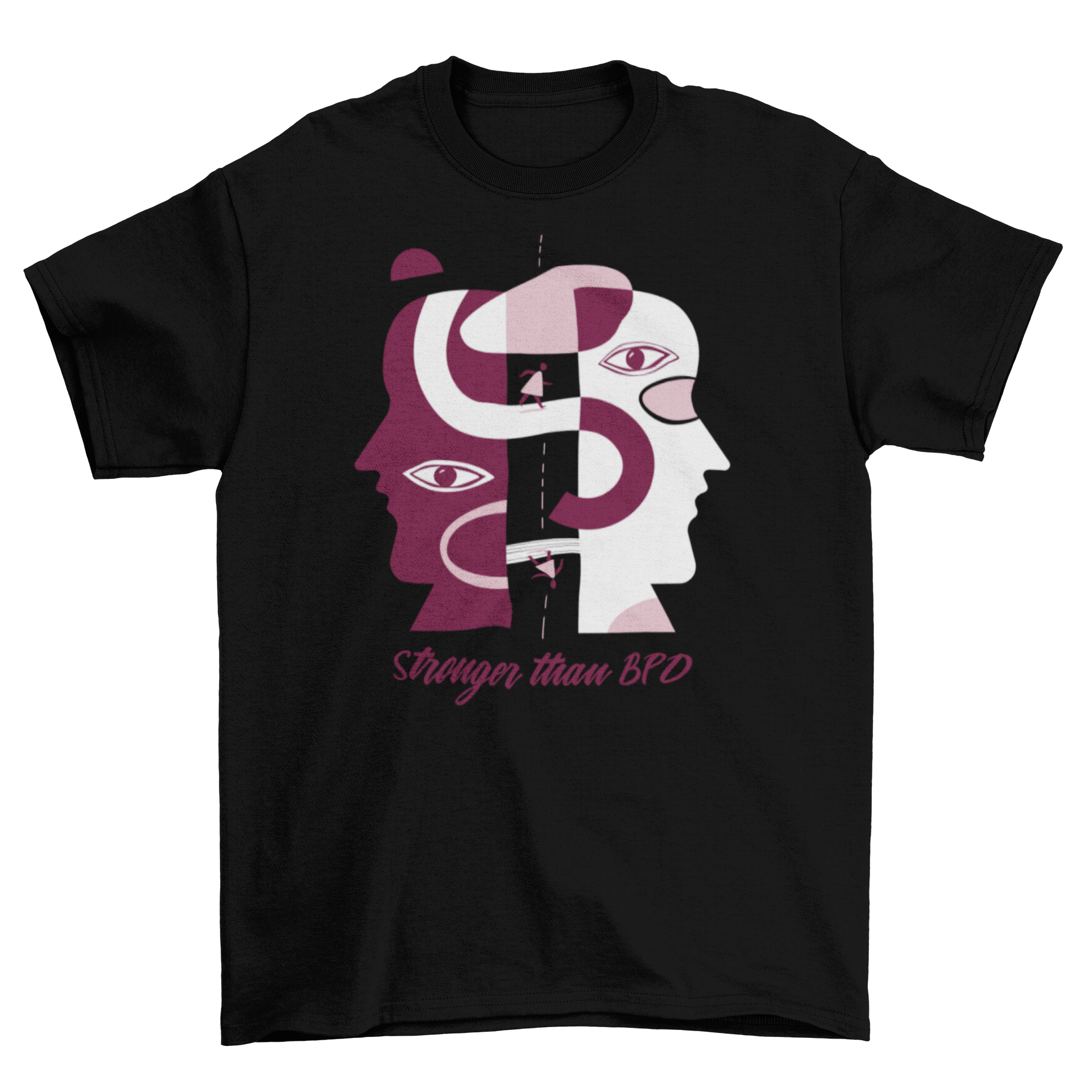 Mental Health BPD Abstract T-Shirt featuring two faces and the quote 'Stronger than BPD' in a stylish design.