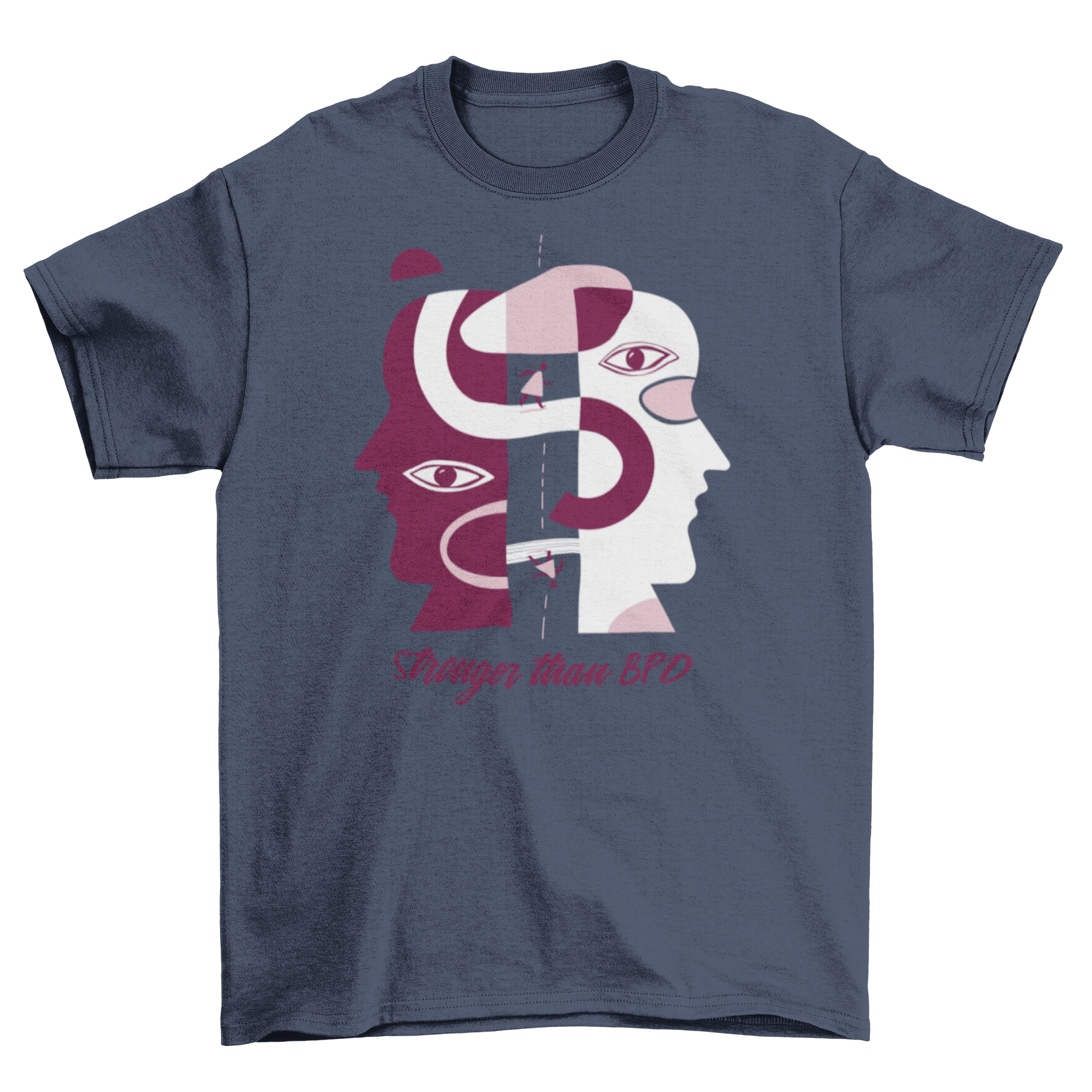 Mental Health BPD Abstract T-Shirt featuring two faces and the quote 'Stronger than BPD' in a stylish design.