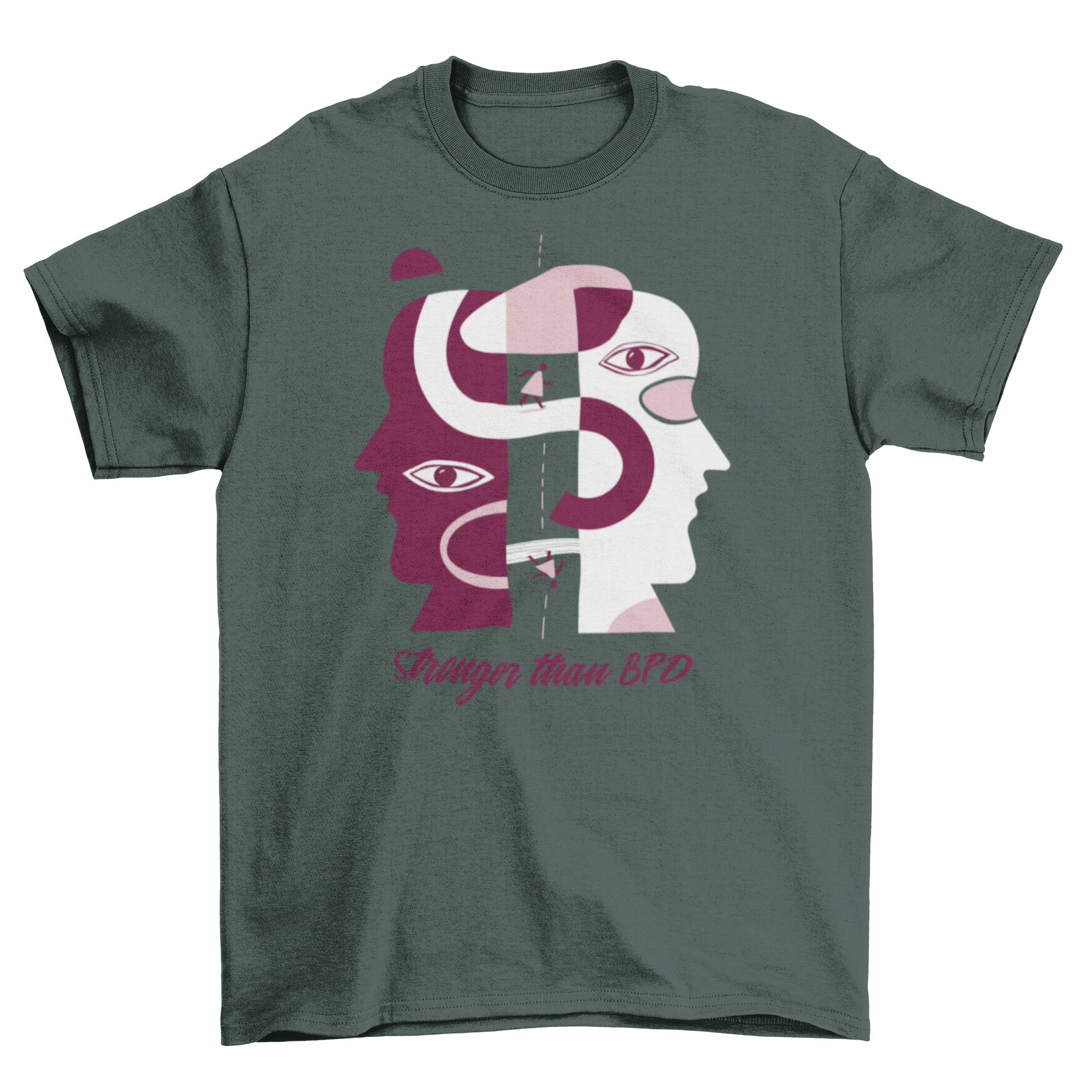 Mental Health BPD Abstract T-Shirt featuring two faces and the quote 'Stronger than BPD' in a stylish design.