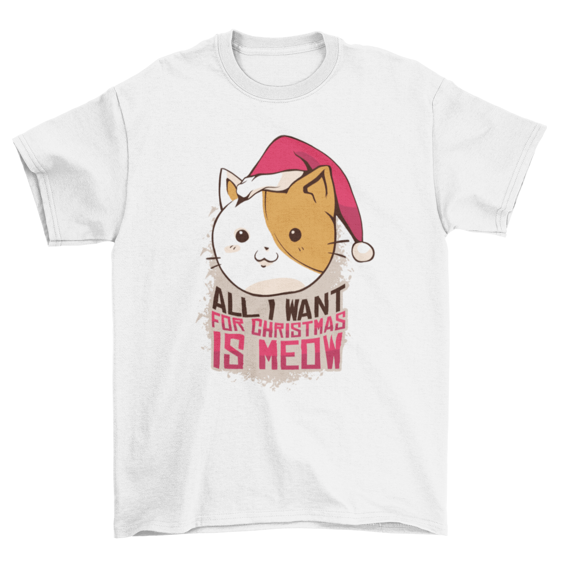 A cute Meow Christmas T-shirt featuring a cat in a Santa hat with the quote 'All I want for Christmas is meow'.