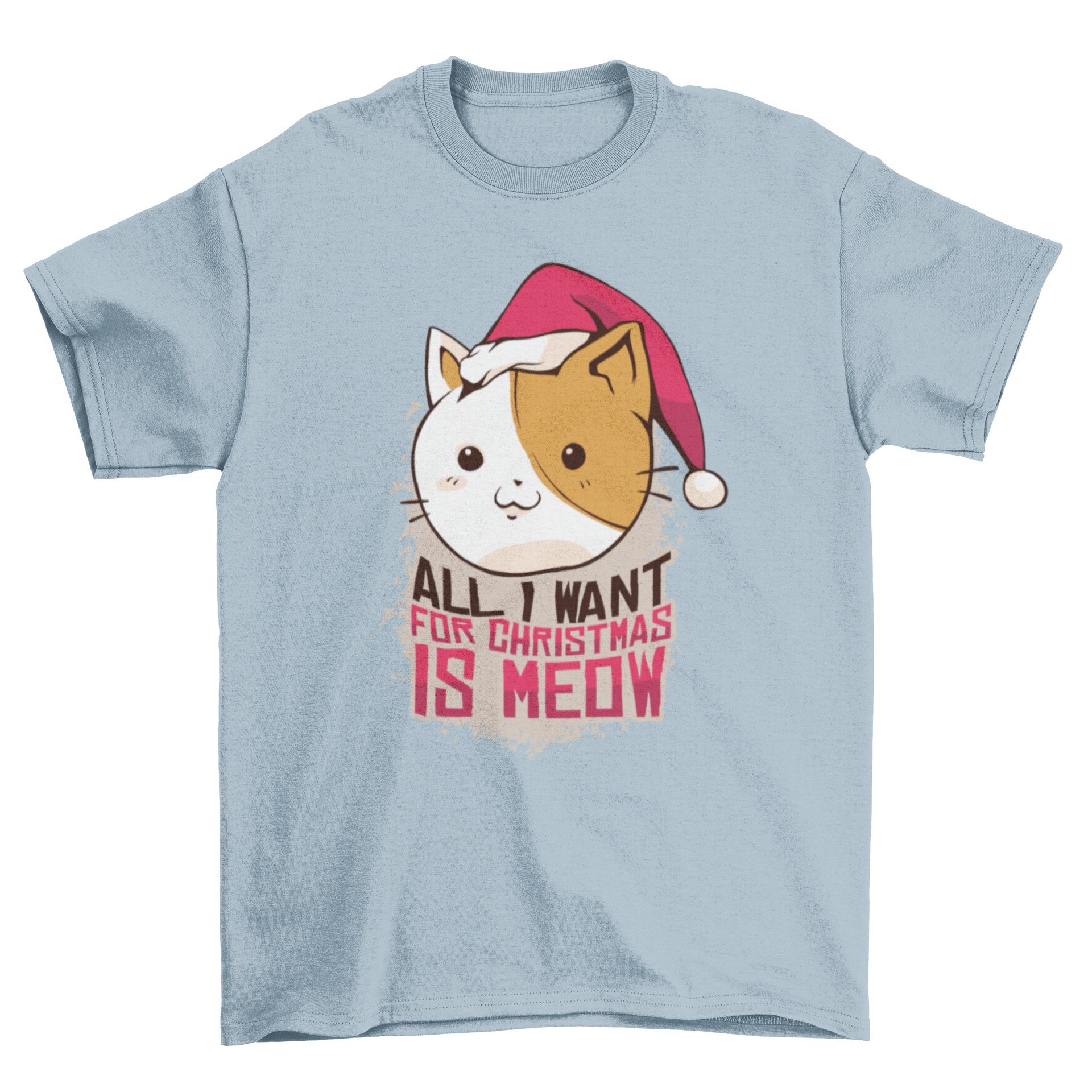 A cute Meow Christmas T-shirt featuring a cat in a Santa hat with the quote 'All I want for Christmas is meow'.