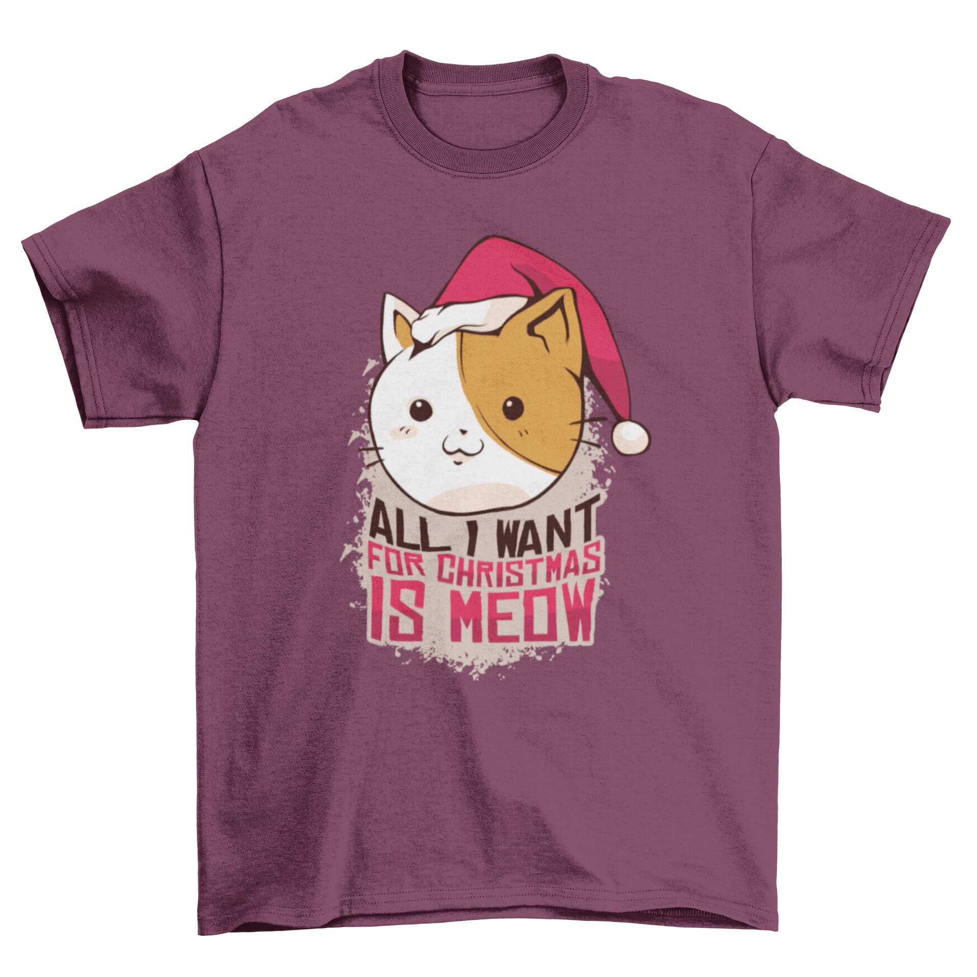 A cute Meow Christmas T-shirt featuring a cat in a Santa hat with the quote 'All I want for Christmas is meow'.