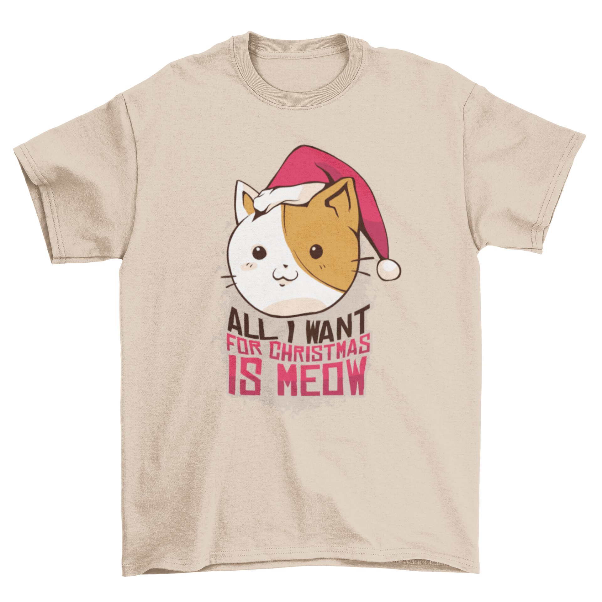 A cute Meow Christmas T-shirt featuring a cat in a Santa hat with the quote 'All I want for Christmas is meow'.