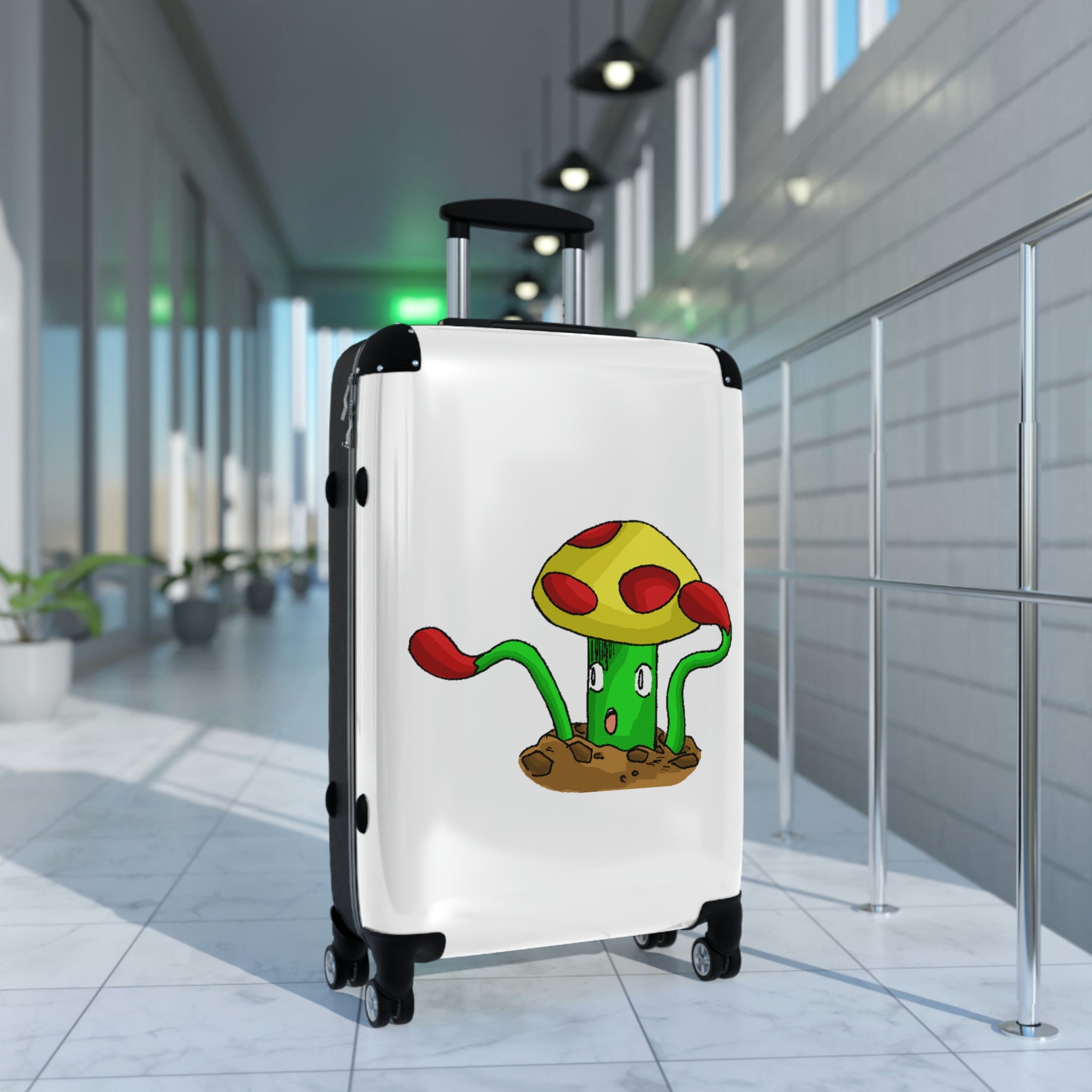 Mepamash Cabin Suitcase featuring a personalized design, lightweight polycarbonate front, and ABS back, with adjustable handle and 360° swivel wheels.