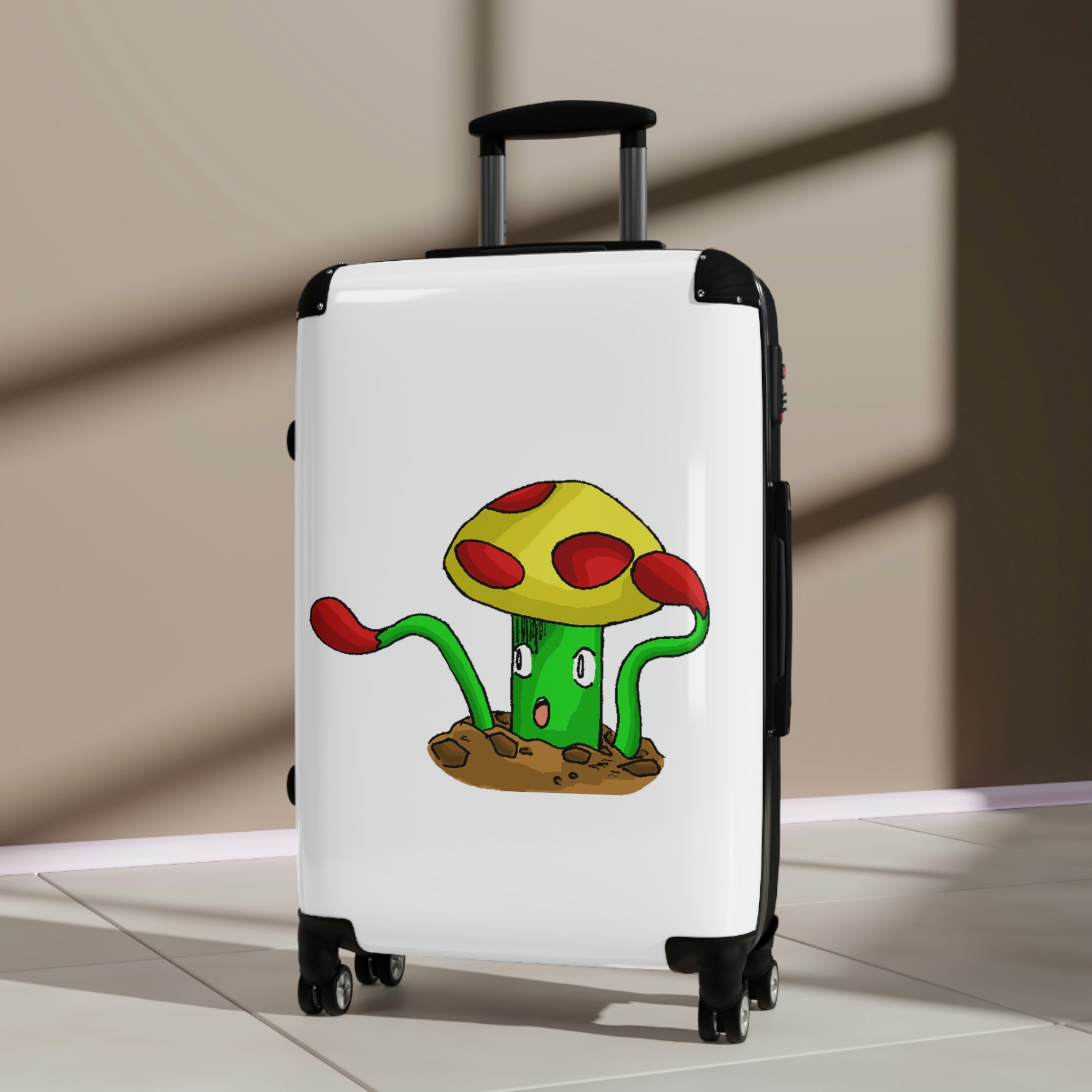 Mepamash Cabin Suitcase featuring a personalized design, lightweight polycarbonate front, and ABS back, with adjustable handle and 360° swivel wheels.