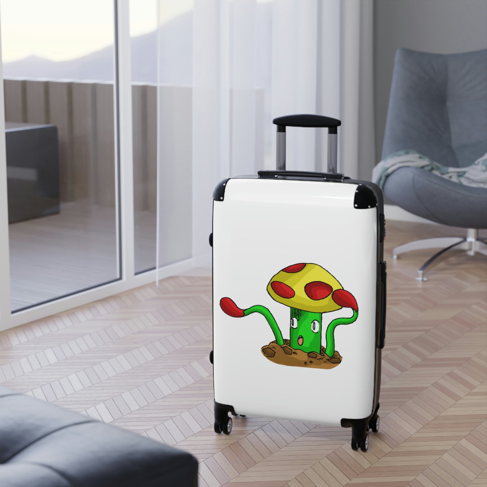 Mepamash Cabin Suitcase featuring a personalized design, lightweight polycarbonate front, and ABS back, with adjustable handle and 360° swivel wheels.