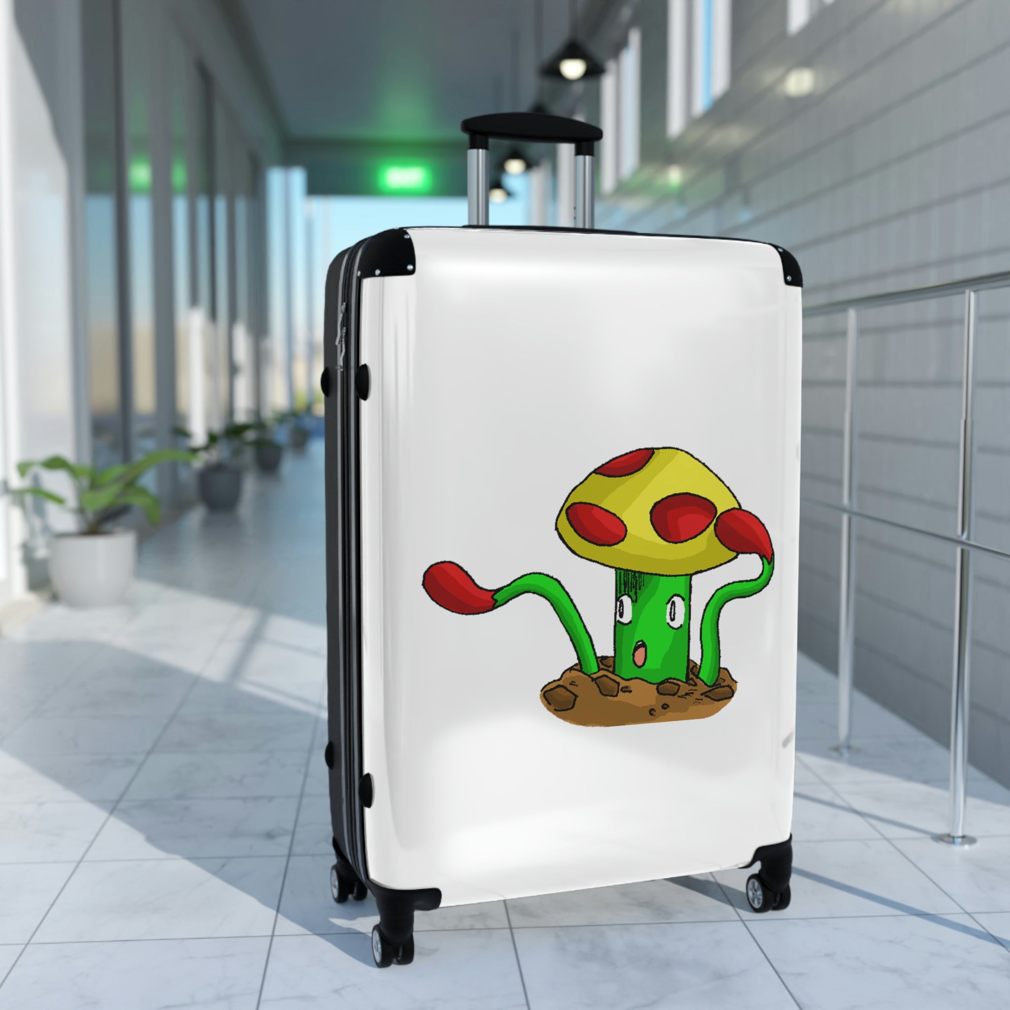 Mepamash Cabin Suitcase featuring a personalized design, lightweight polycarbonate front, and ABS back, with adjustable handle and 360° swivel wheels.