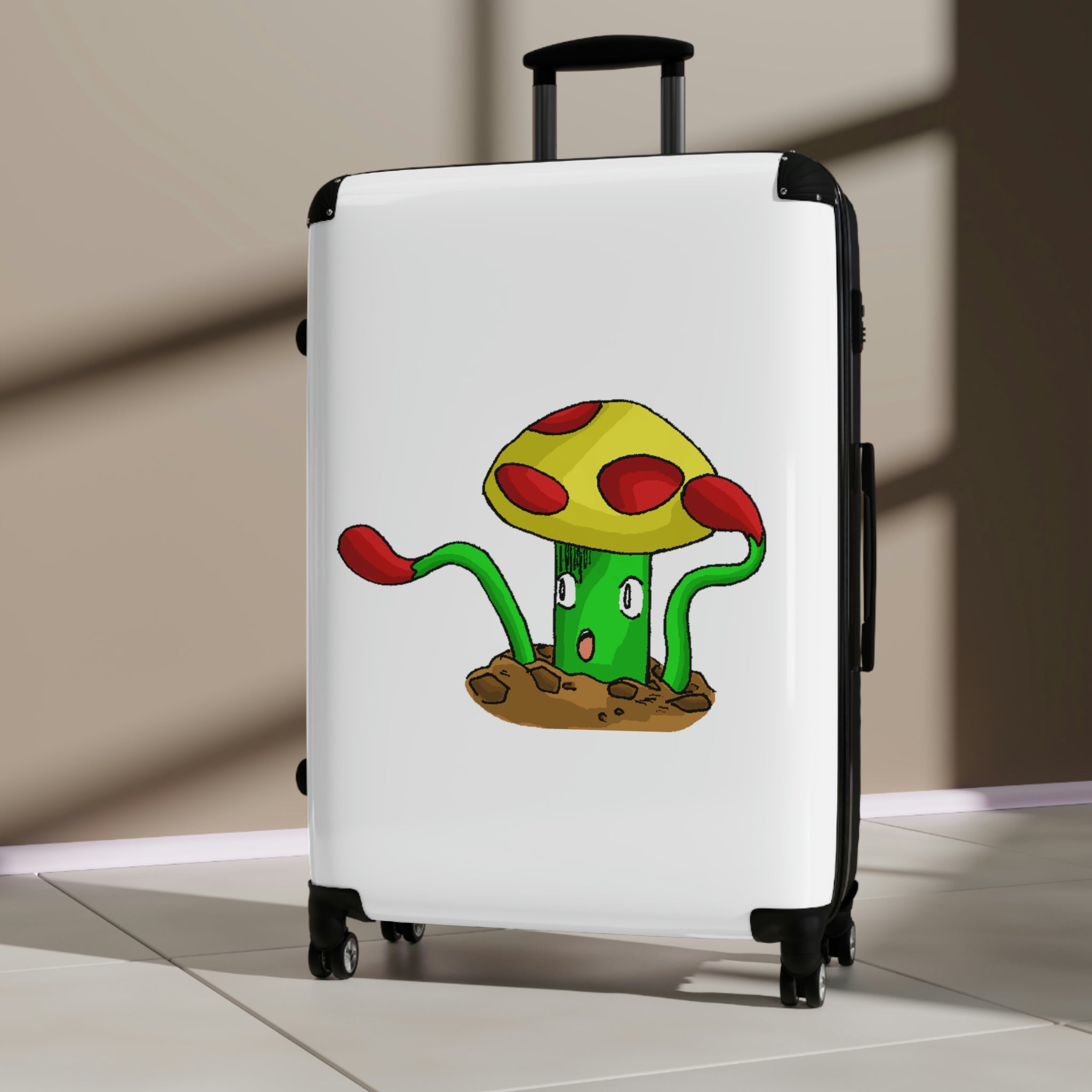 Mepamash Cabin Suitcase featuring a personalized design, lightweight polycarbonate front, and ABS back, with adjustable handle and 360° swivel wheels.