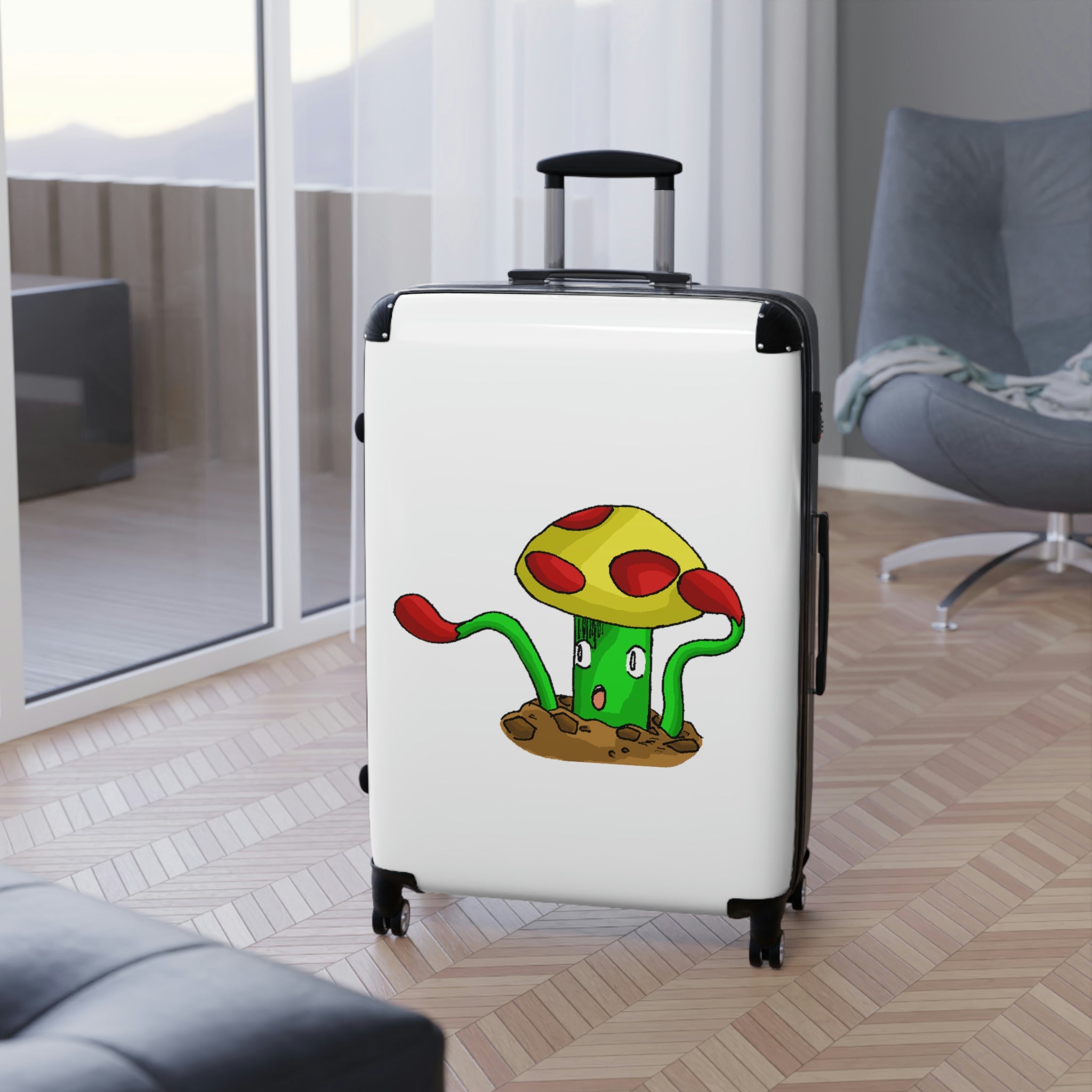 Mepamash Cabin Suitcase featuring a personalized design, lightweight polycarbonate front, and ABS back, with adjustable handle and 360° swivel wheels.