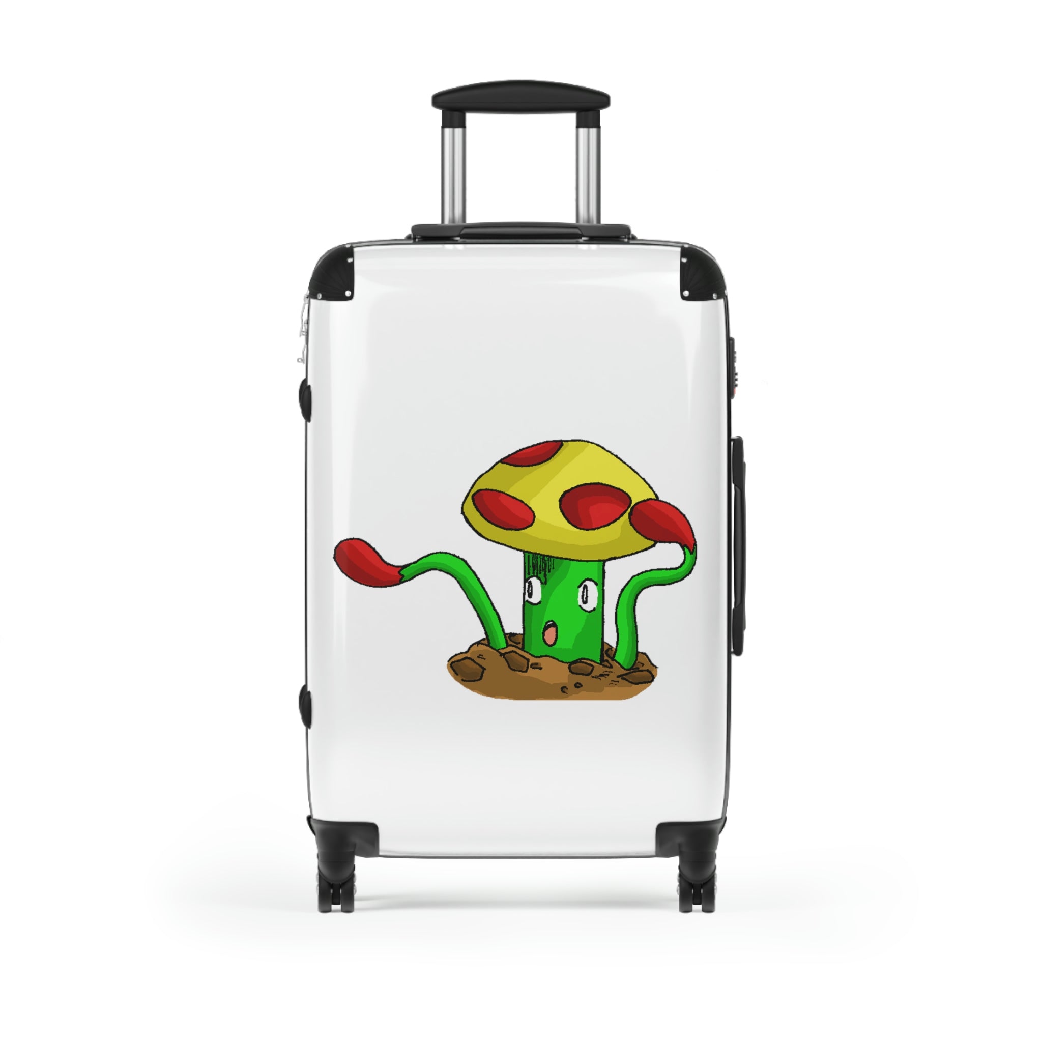 Mepamash Cabin Suitcase featuring a personalized design, lightweight polycarbonate front, and ABS back, with adjustable handle and 360° swivel wheels.