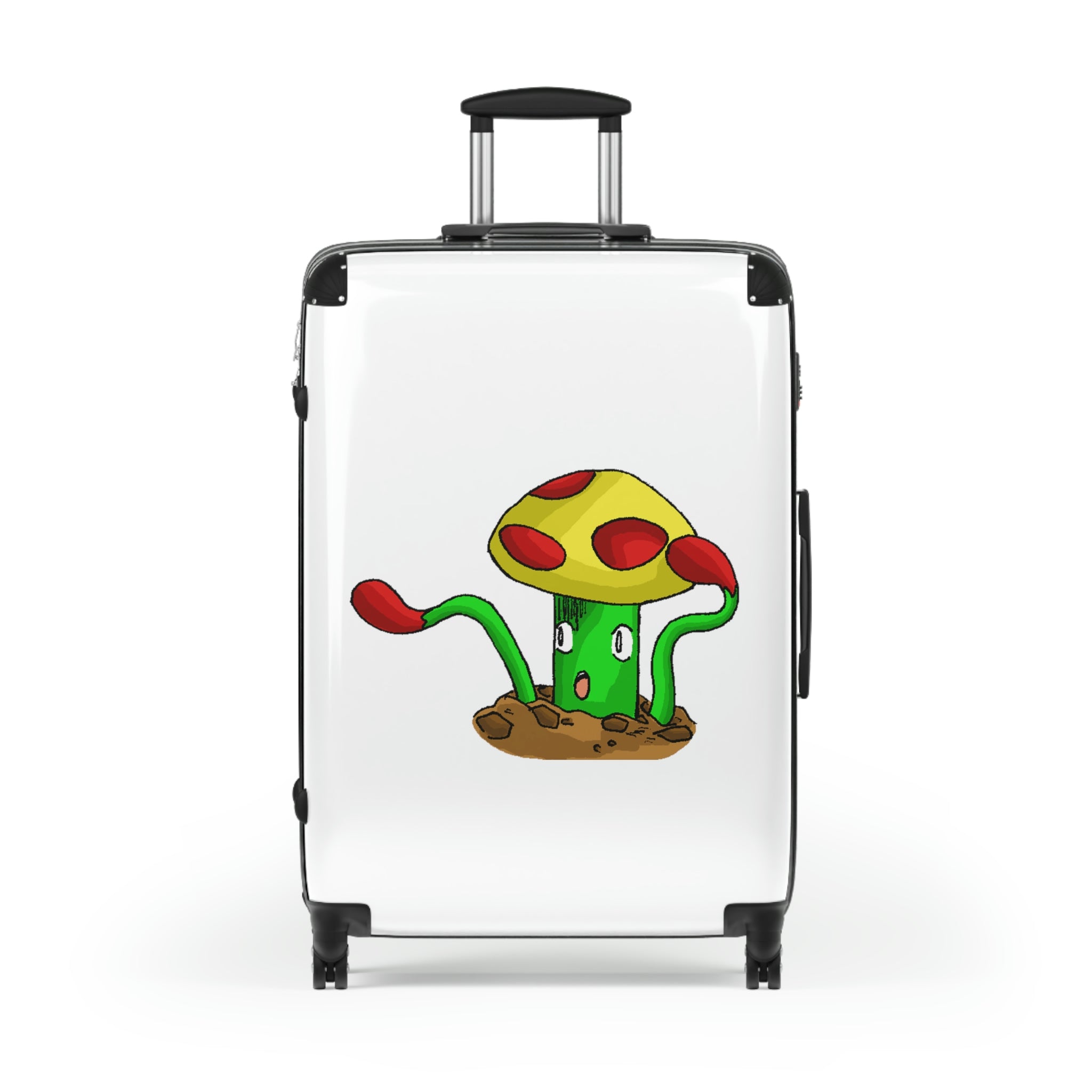 Mepamash Cabin Suitcase featuring a personalized design, lightweight polycarbonate front, and ABS back, with adjustable handle and 360° swivel wheels.