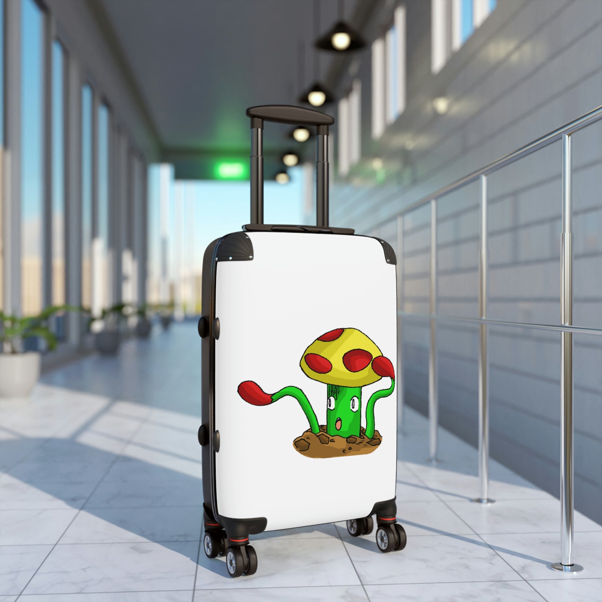 Mepamash Cabin Suitcase featuring a personalized design, lightweight polycarbonate front, and ABS back, with adjustable handle and 360° swivel wheels.