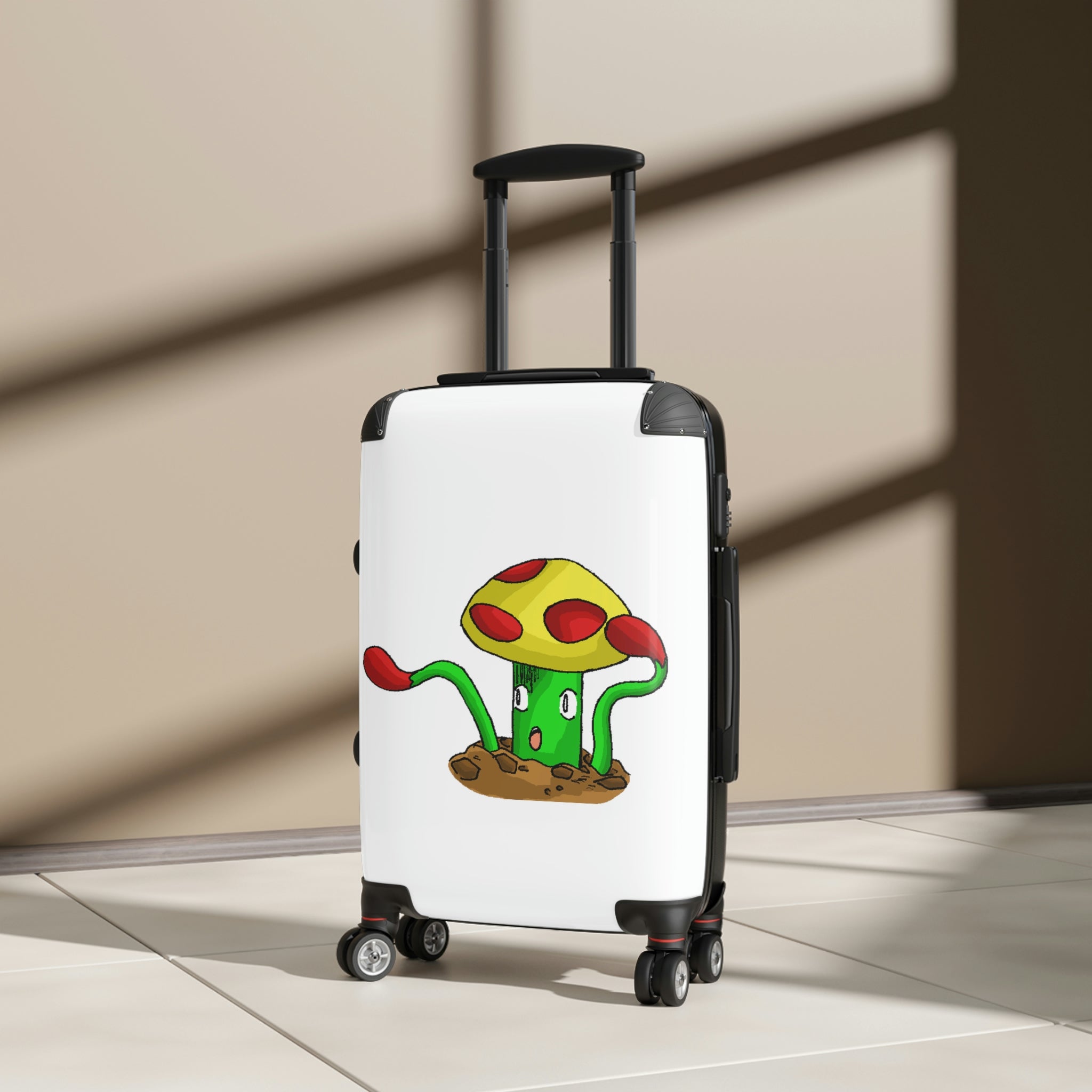 Mepamash Cabin Suitcase featuring a personalized design, lightweight polycarbonate front, and ABS back, with adjustable handle and 360° swivel wheels.