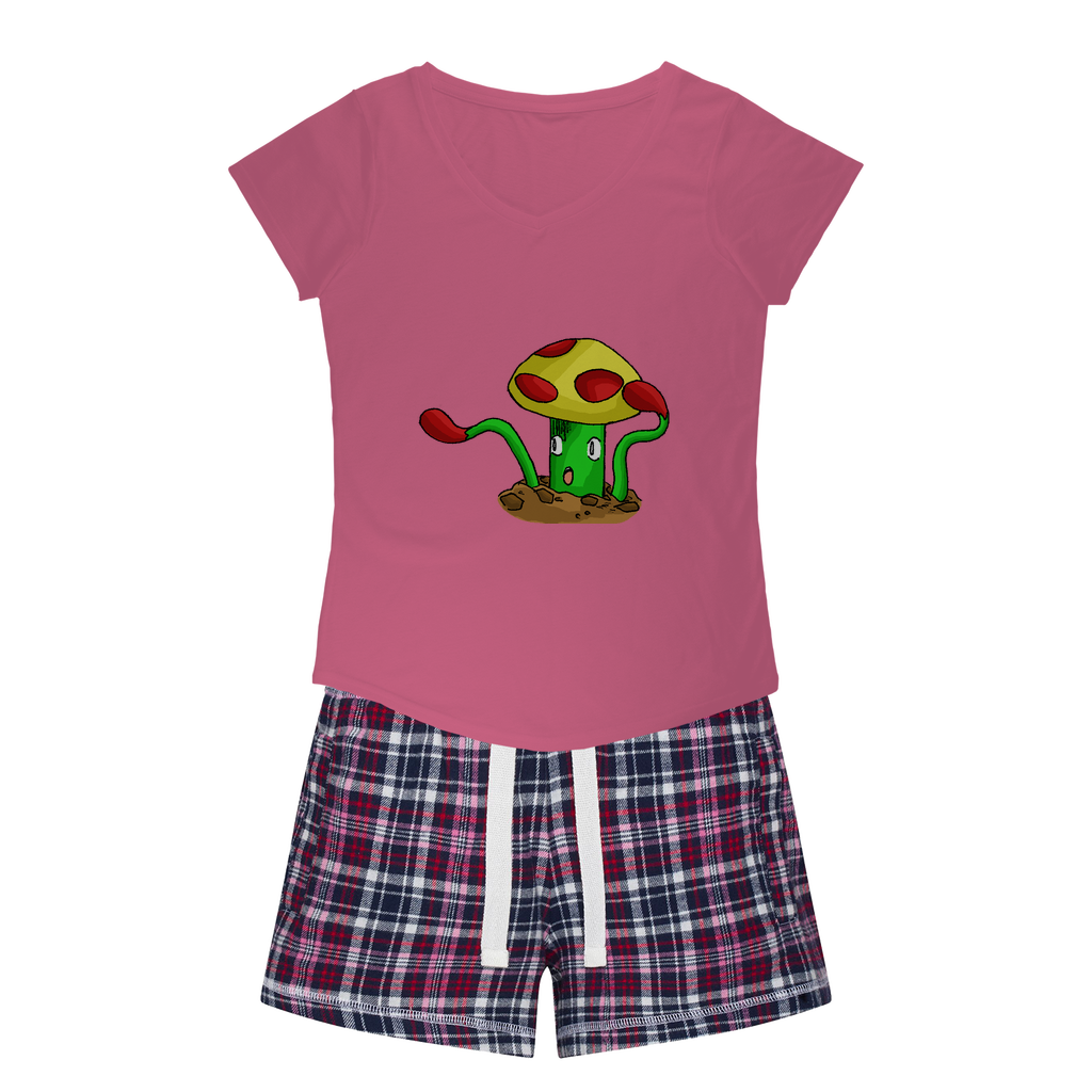 Mepamash Women's Sleepy Tee and Flannel Short set featuring a relaxed fit T-shirt and vibrant flannel shorts, perfect for cozy nights.