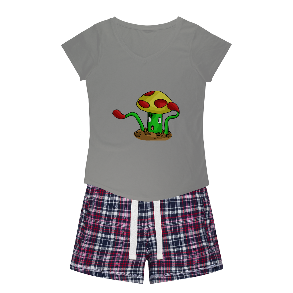 Mepamash Women's Sleepy Tee and Flannel Short set featuring a relaxed fit T-shirt and vibrant flannel shorts, perfect for cozy nights.