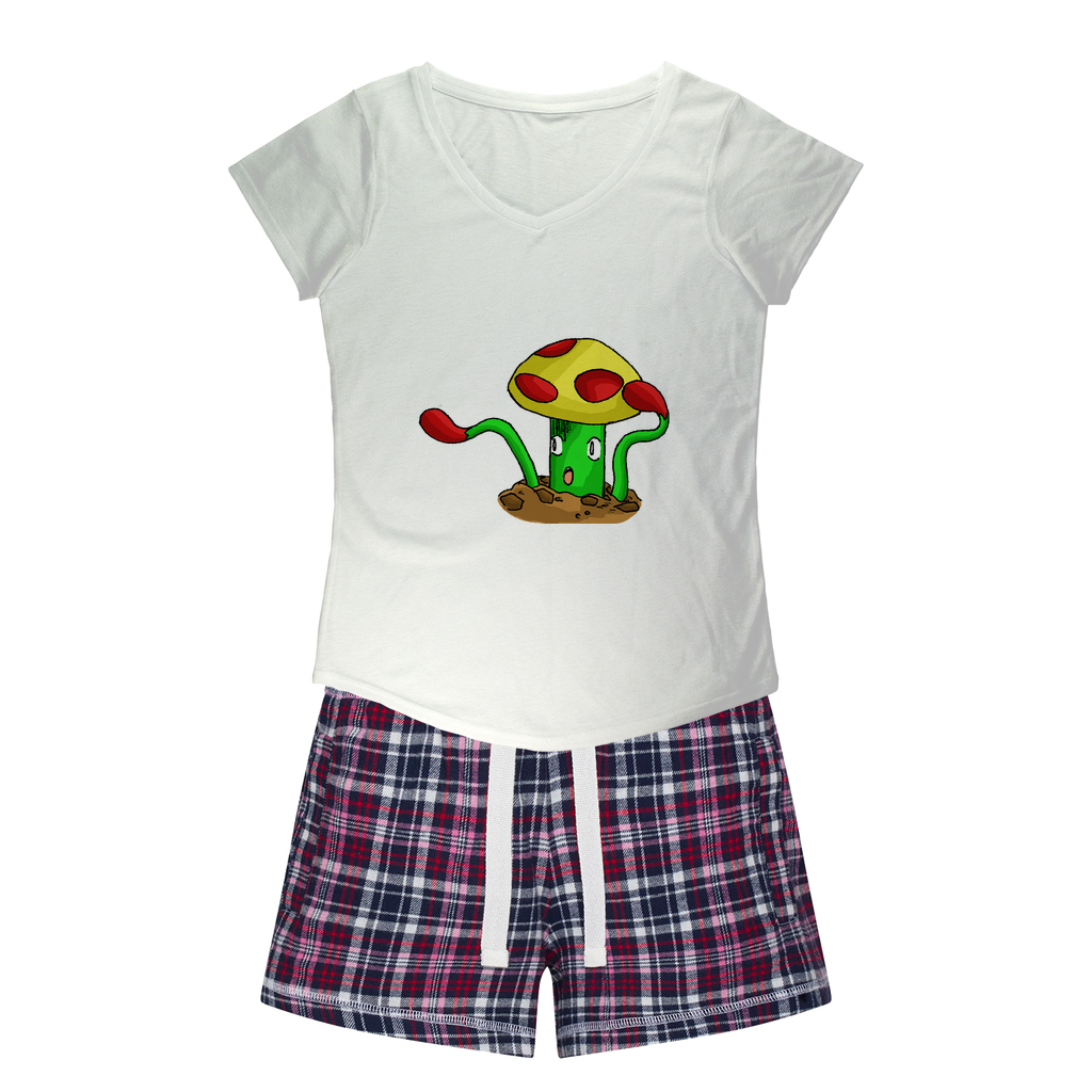 Mepamash Women's Sleepy Tee and Flannel Short set featuring a relaxed fit T-shirt and vibrant flannel shorts, perfect for cozy nights.