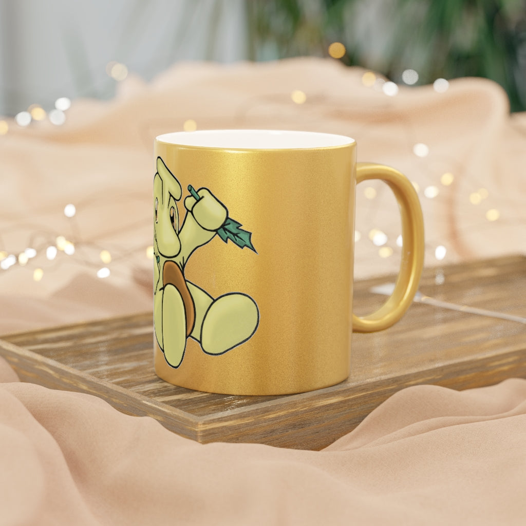 Mercardo Metallic Mug in Silver and Gold, showcasing a sleek ceramic design with a C-handle, perfect for personalized coffee enjoyment.