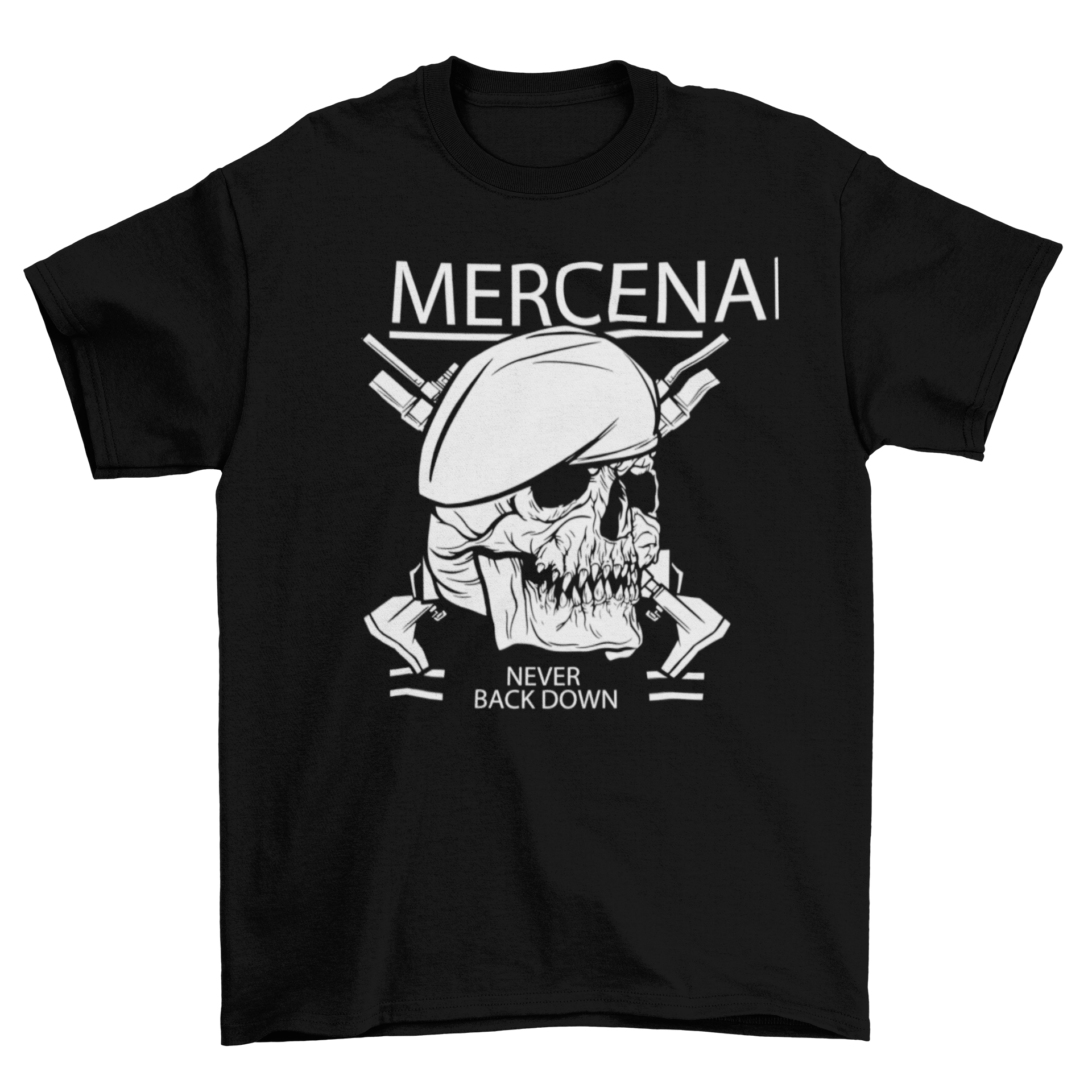 Mercenaries t-shirt featuring a bold skull design and motivational quote.