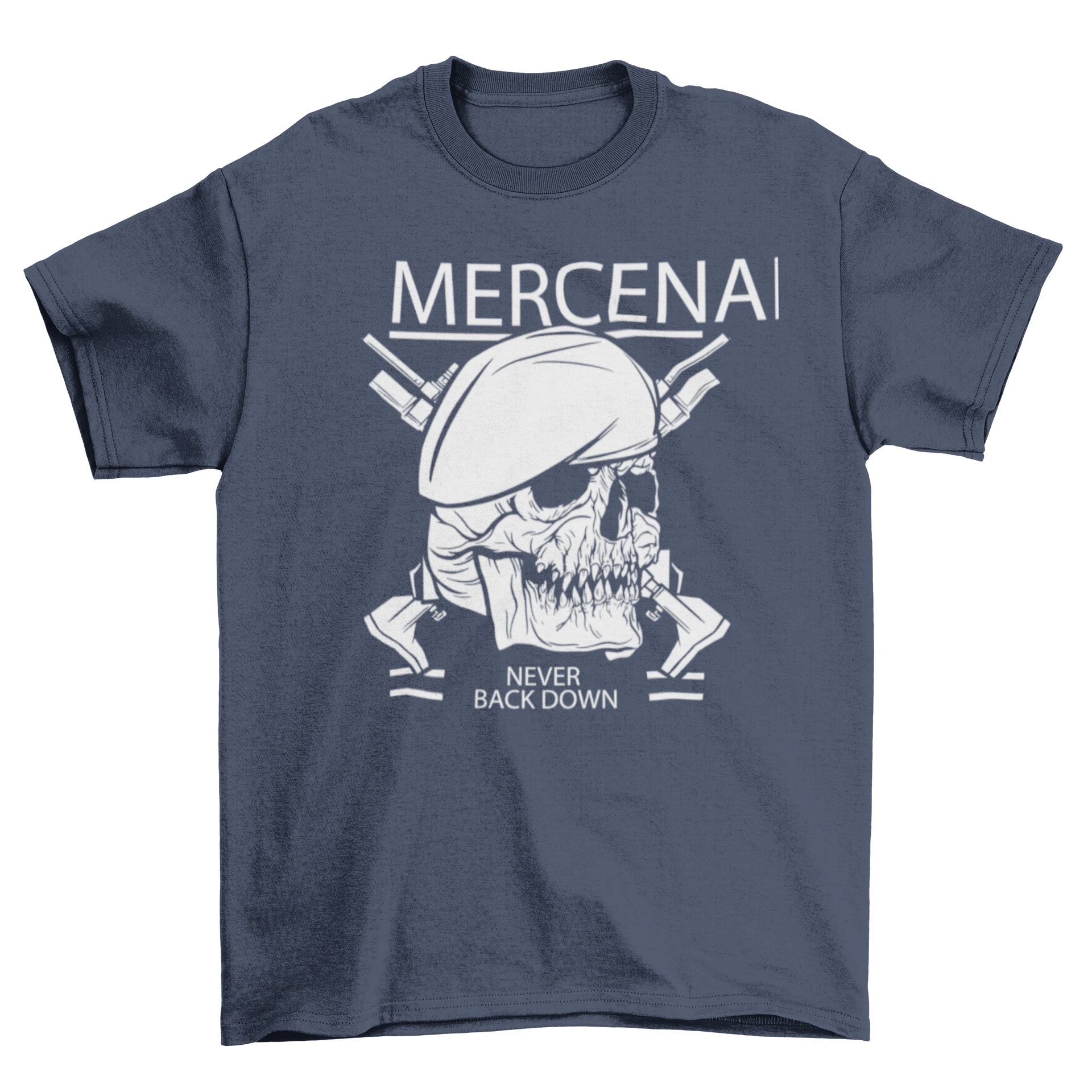 Mercenaries t-shirt featuring a bold skull design and motivational quote.