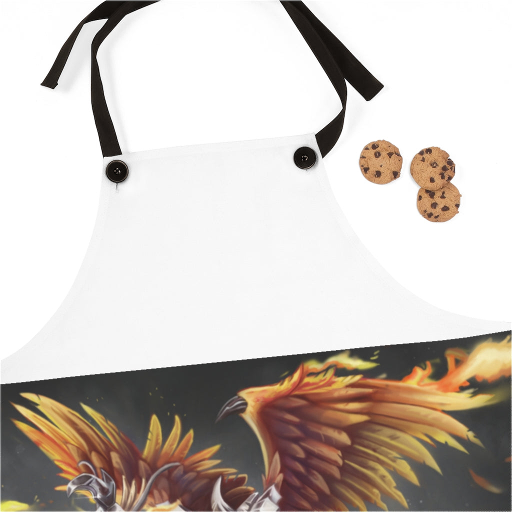 Merciless Flaming SkyBird Apron featuring vibrant design and black detachable twill straps, perfect for cooking.