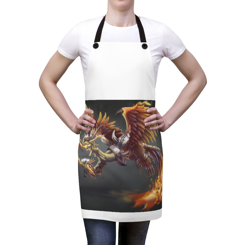 Merciless Flaming SkyBird Apron featuring vibrant design and black detachable twill straps, perfect for cooking.