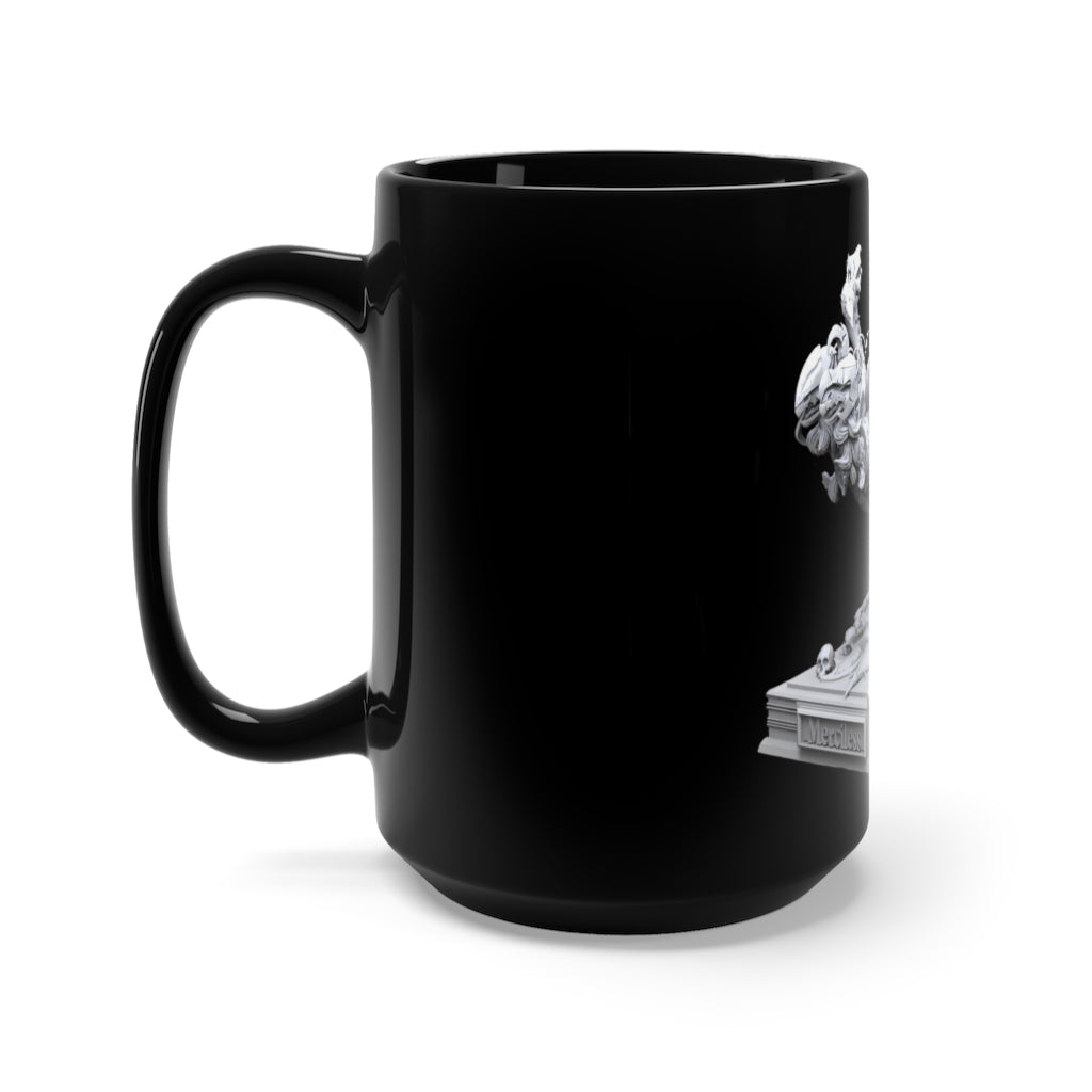 Merciless the Flaming SkyBird Black Mug, 15oz ceramic with stylish design and C-handle, perfect for coffee and tea lovers.