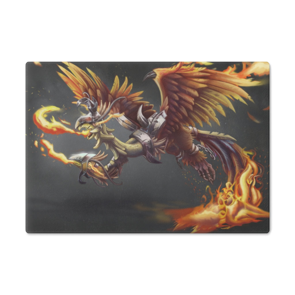 Merciless the Flaming SkyBird Cutting Board made of tempered glass with a vibrant flaming design and rubber dots for stability.