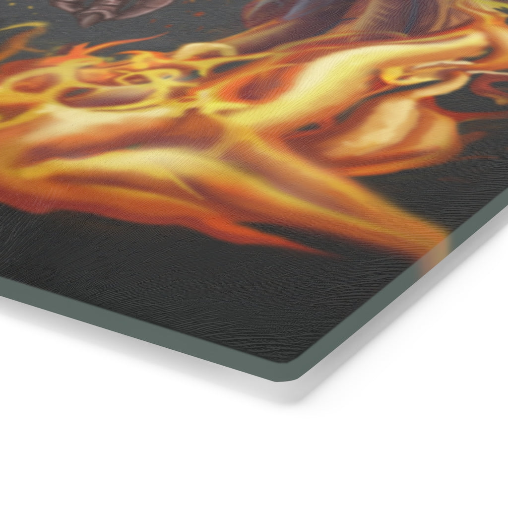 Merciless the Flaming SkyBird Cutting Board made of tempered glass with a vibrant flaming design and rubber dots for stability.