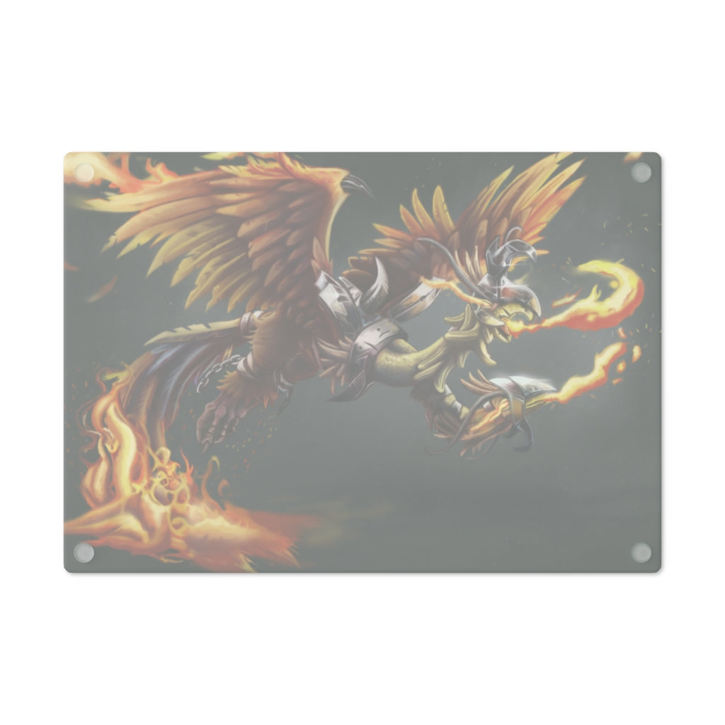 Merciless the Flaming SkyBird Cutting Board made of tempered glass with a vibrant flaming design and rubber dots for stability.