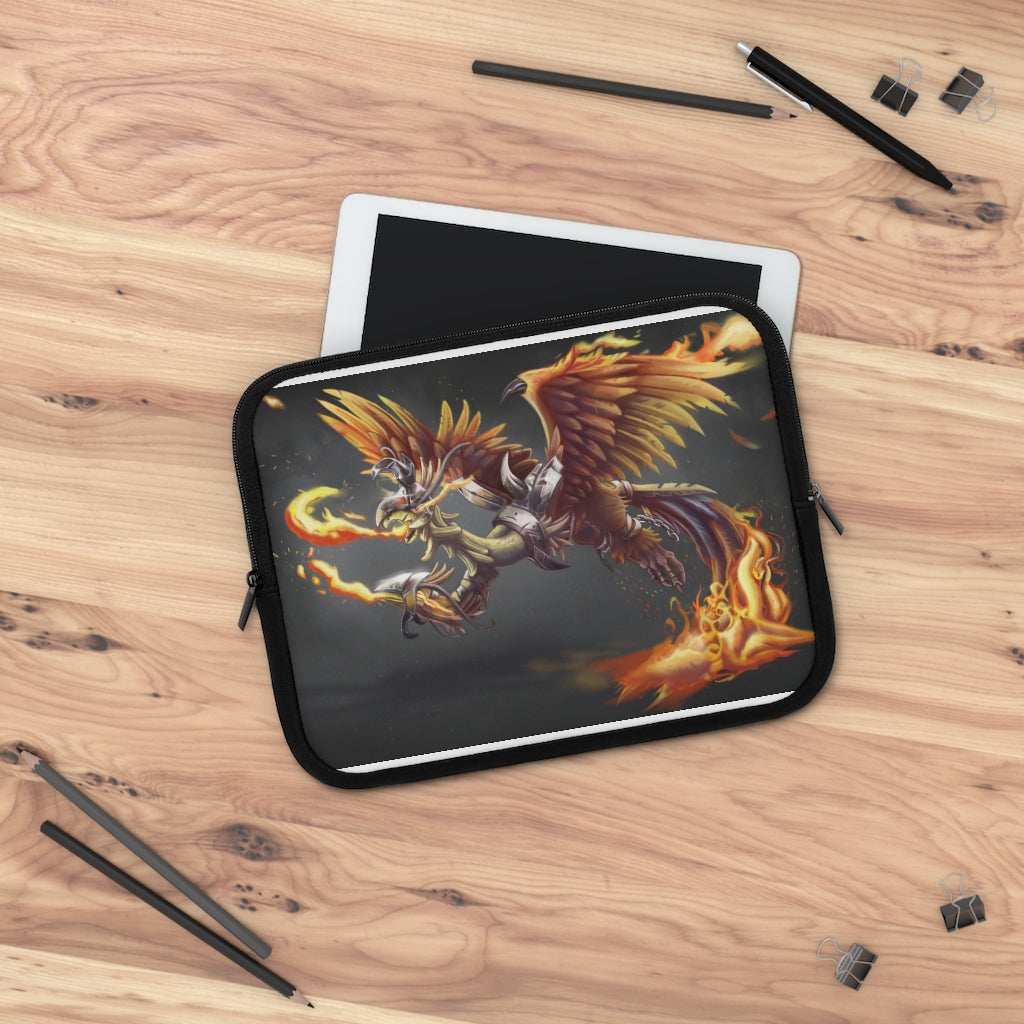 Merciless the Flaming SkyBird Laptop Sleeve featuring a vibrant flaming design on the front and a solid black back, ideal for protecting laptops.