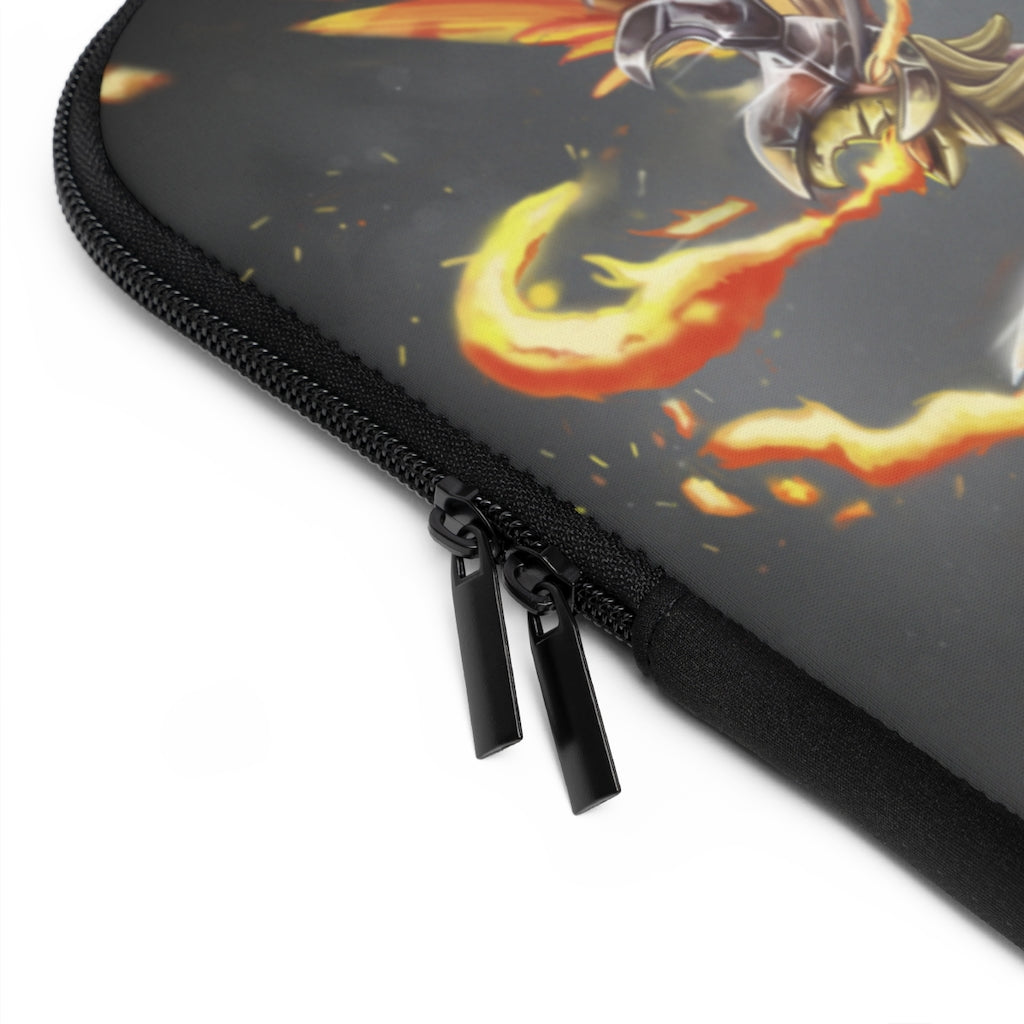 Merciless the Flaming SkyBird Laptop Sleeve featuring a vibrant flaming design on the front and a solid black back, ideal for protecting laptops.