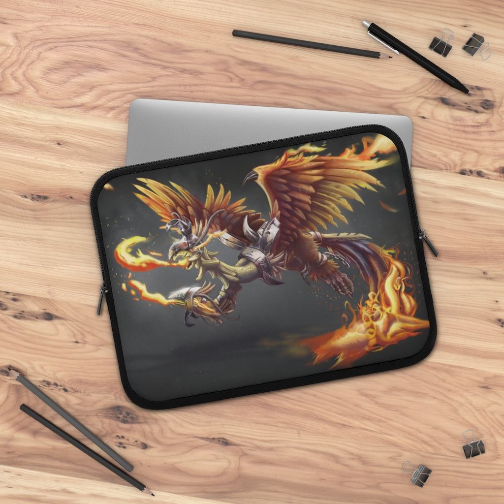 Merciless the Flaming SkyBird Laptop Sleeve featuring a vibrant flaming design on the front and a solid black back, ideal for protecting laptops.