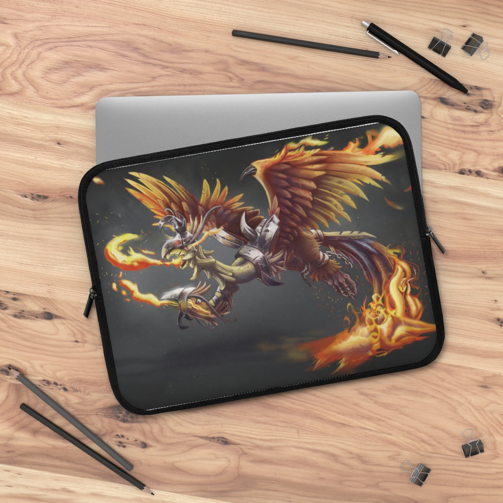 Merciless the Flaming SkyBird Laptop Sleeve featuring a vibrant flaming design on the front and a solid black back, ideal for protecting laptops.