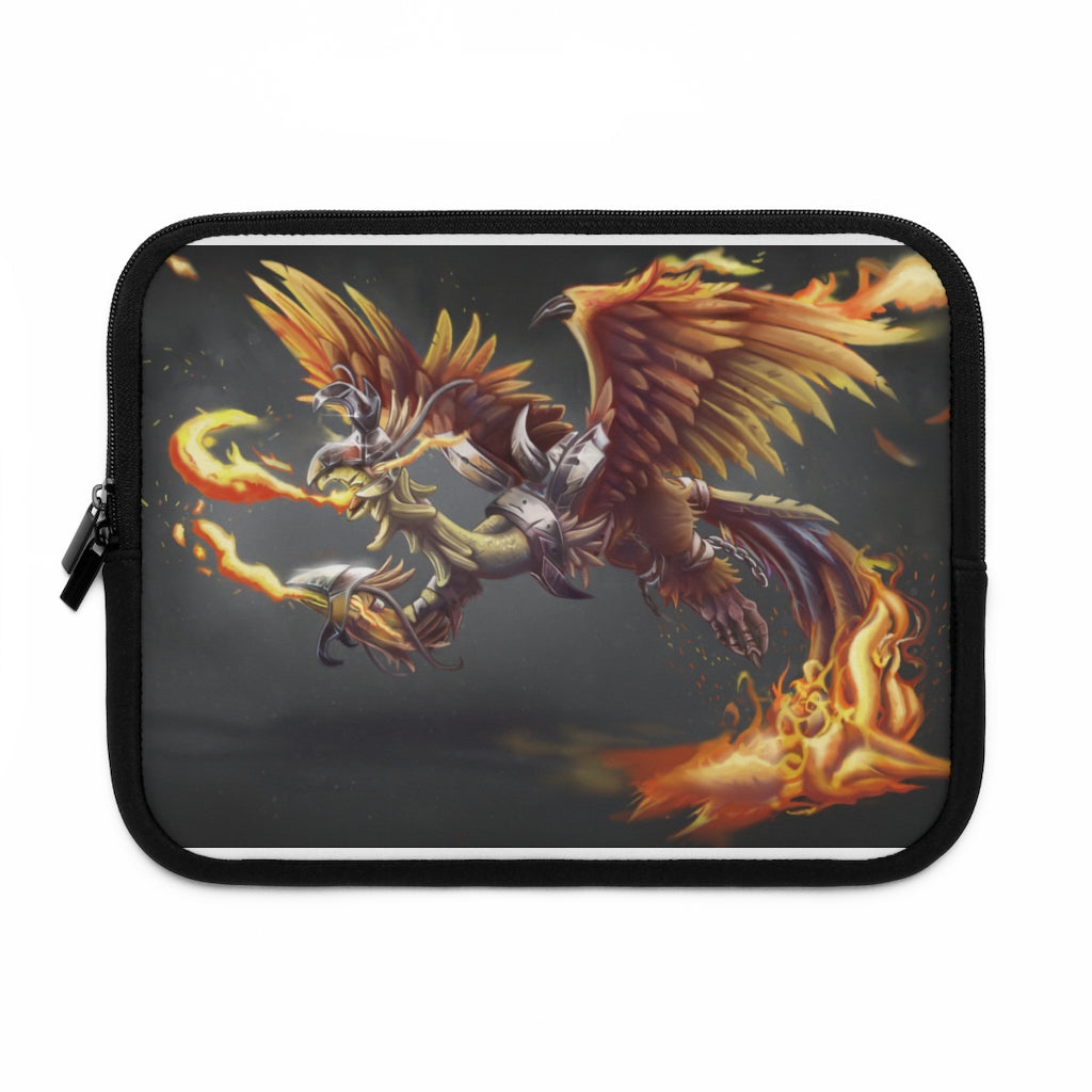 Merciless the Flaming SkyBird Laptop Sleeve featuring a vibrant flaming design on the front and a solid black back, ideal for protecting laptops.