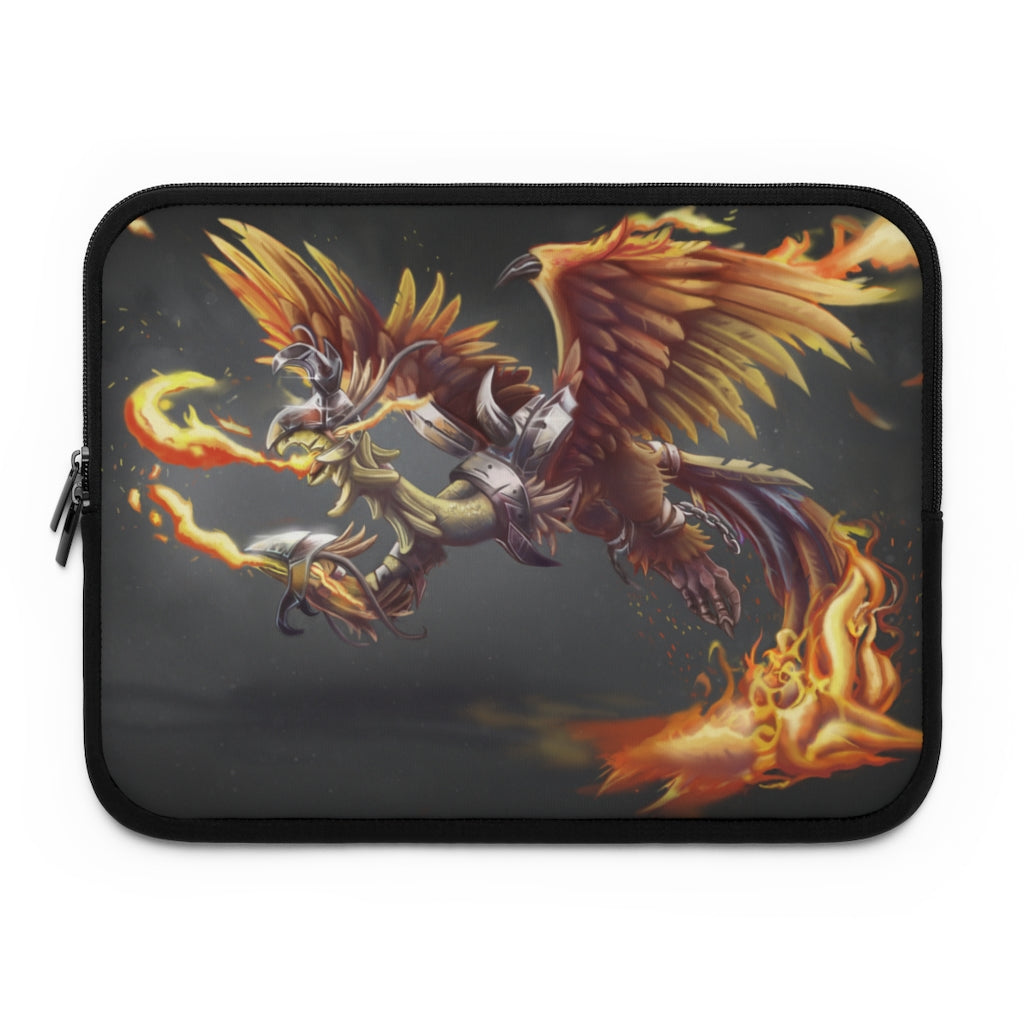 Merciless the Flaming SkyBird Laptop Sleeve featuring a vibrant flaming design on the front and a solid black back, ideal for protecting laptops.