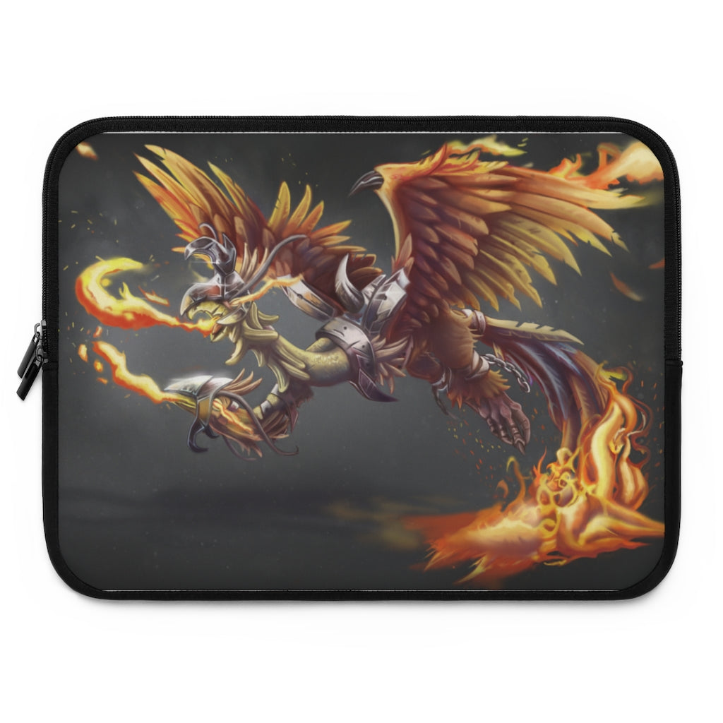 Merciless the Flaming SkyBird Laptop Sleeve featuring a vibrant flaming design on the front and a solid black back, ideal for protecting laptops.