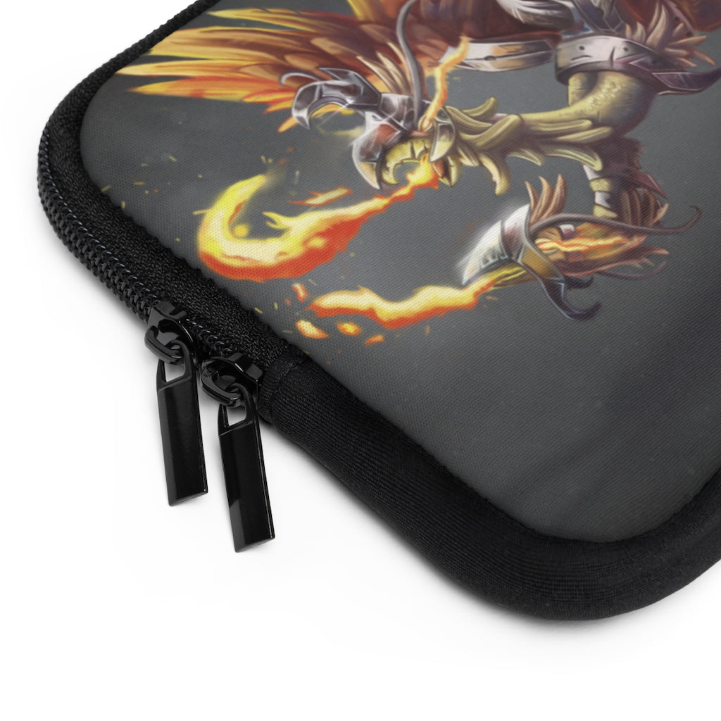 Merciless the Flaming SkyBird Laptop Sleeve featuring a vibrant flaming design on the front and a solid black back, ideal for protecting laptops.