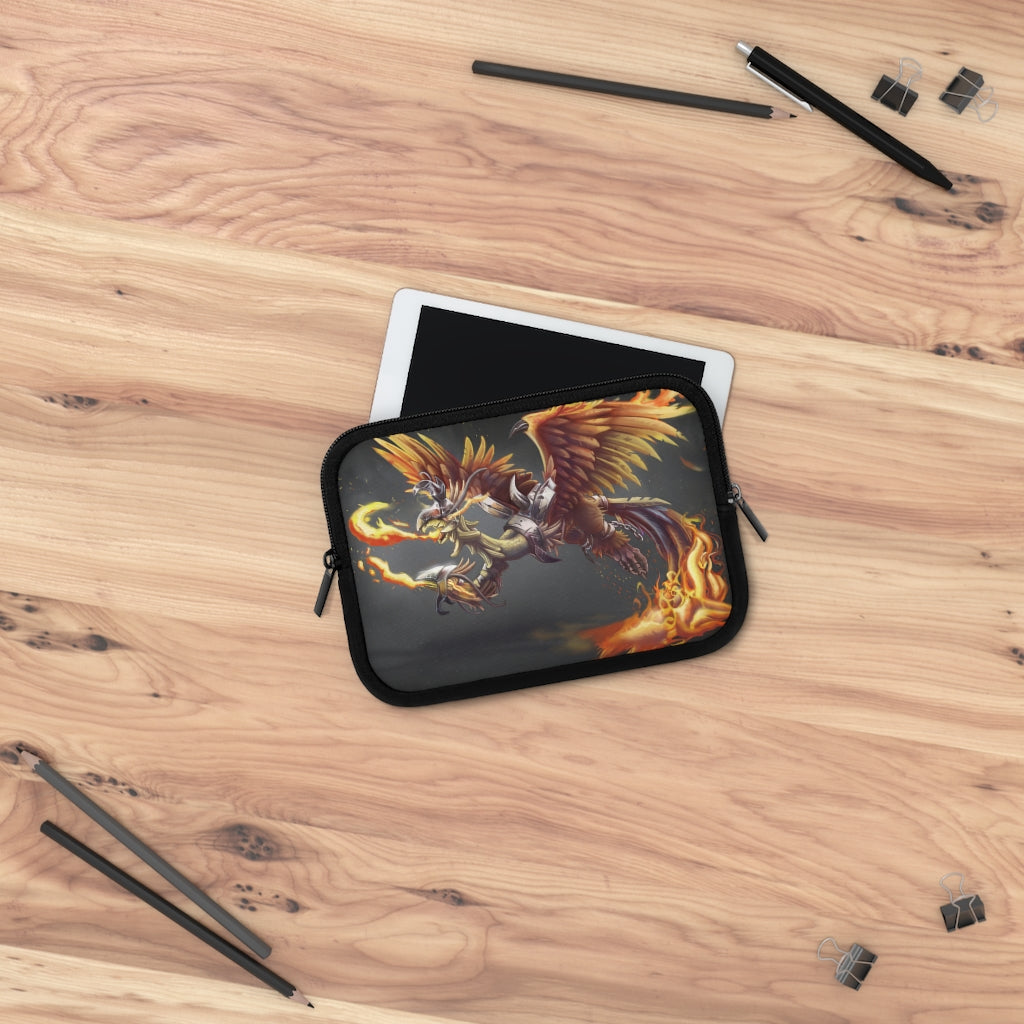 Merciless the Flaming SkyBird Laptop Sleeve featuring a vibrant flaming design on the front and a solid black back, ideal for protecting laptops.