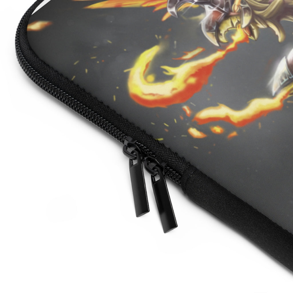 Merciless the Flaming SkyBird Laptop Sleeve featuring a vibrant flaming design on the front and a solid black back, ideal for protecting laptops.