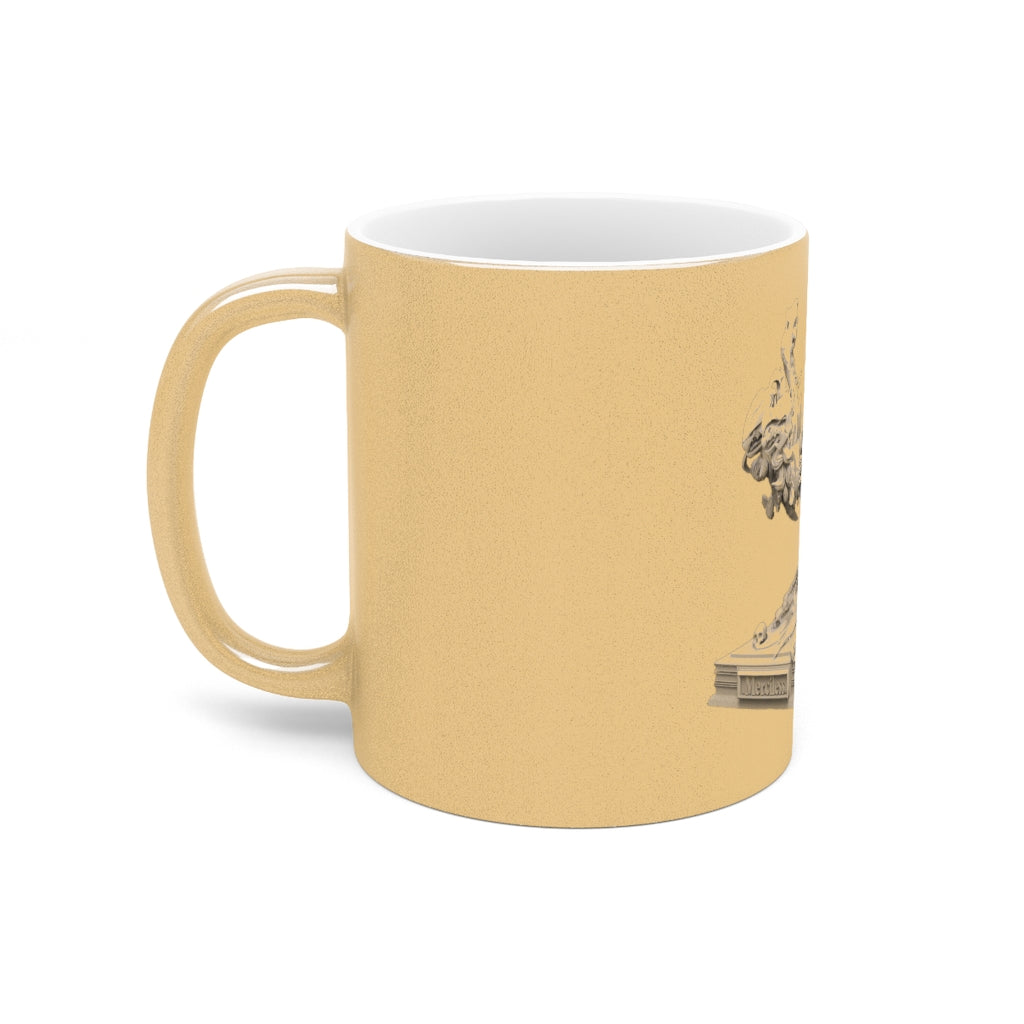 Merciless the Flaming SkyBird Metallic Mug in silver and gold, showcasing a personalized design with a C-handle for easy grip.