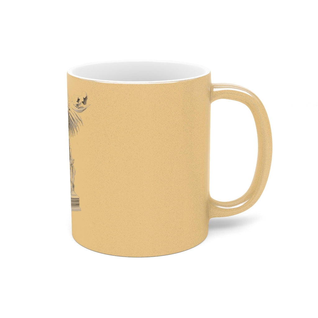 Merciless the Flaming SkyBird Metallic Mug in silver and gold, showcasing a personalized design with a C-handle for easy grip.