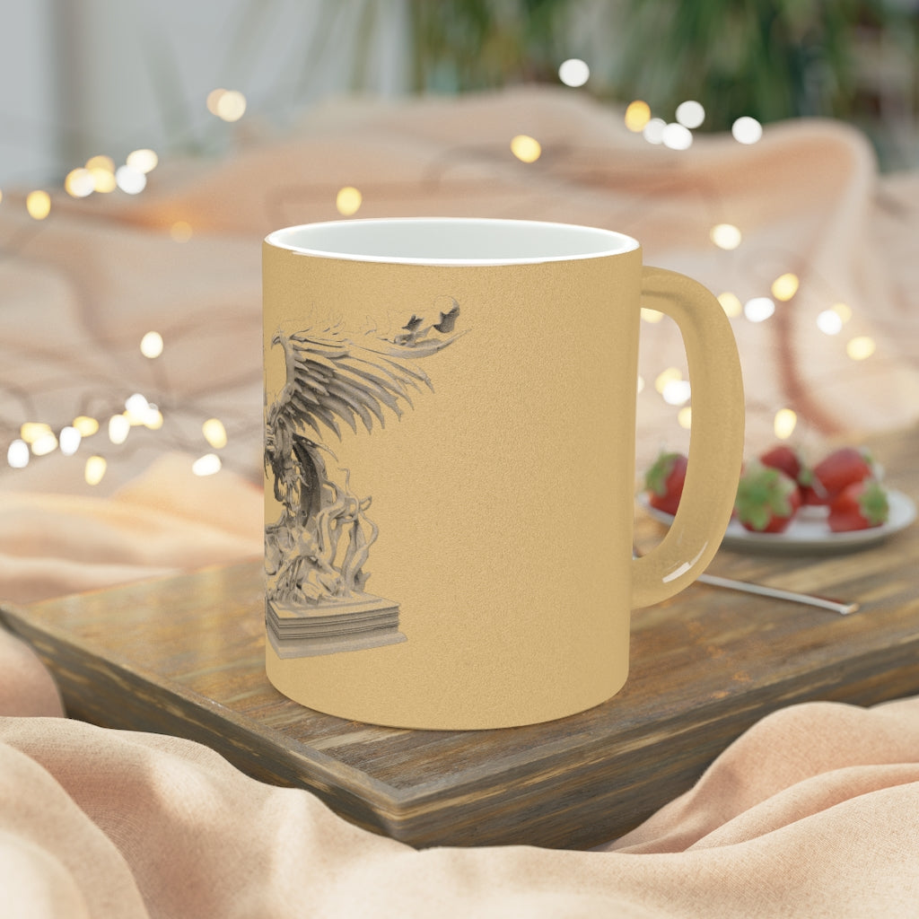 Merciless the Flaming SkyBird Metallic Mug in silver and gold, showcasing a personalized design with a C-handle for easy grip.