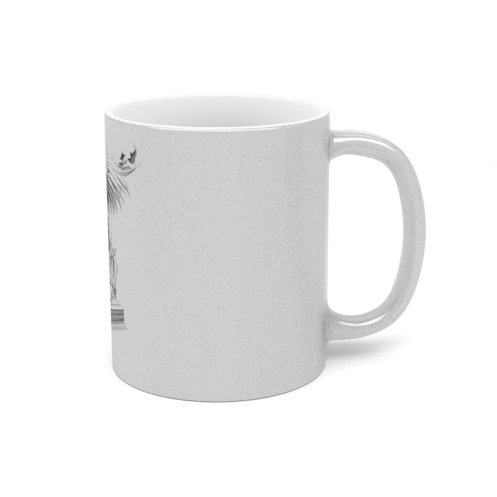 Merciless the Flaming SkyBird Metallic Mug in silver and gold, showcasing a personalized design with a C-handle for easy grip.