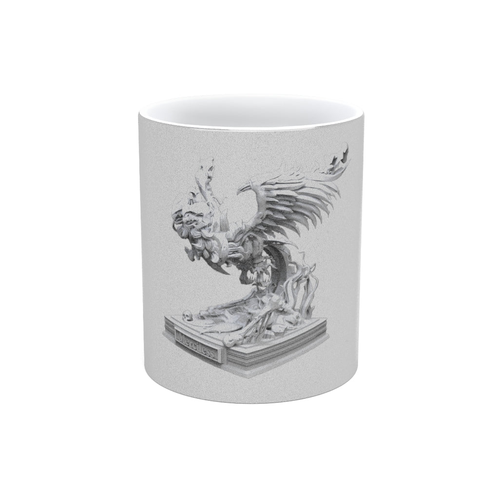 Merciless the Flaming SkyBird Metallic Mug in silver and gold, showcasing a personalized design with a C-handle for easy grip.