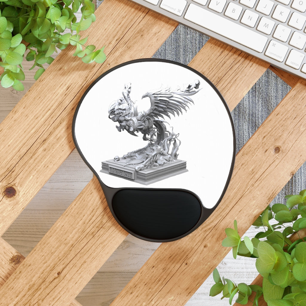 Merciless Flaming SkyBird Mouse Pad with ergonomic wrist rest, featuring a vibrant design and a durable black plastic base.